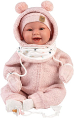 Llorens 1018480 Babypuppe Tala, mit braunen Augen und weichem Körper, Baby Puppe inkl. flauschigem rosa Winter-Outfit, Schnuller, Schnullerkette, 44 cm
