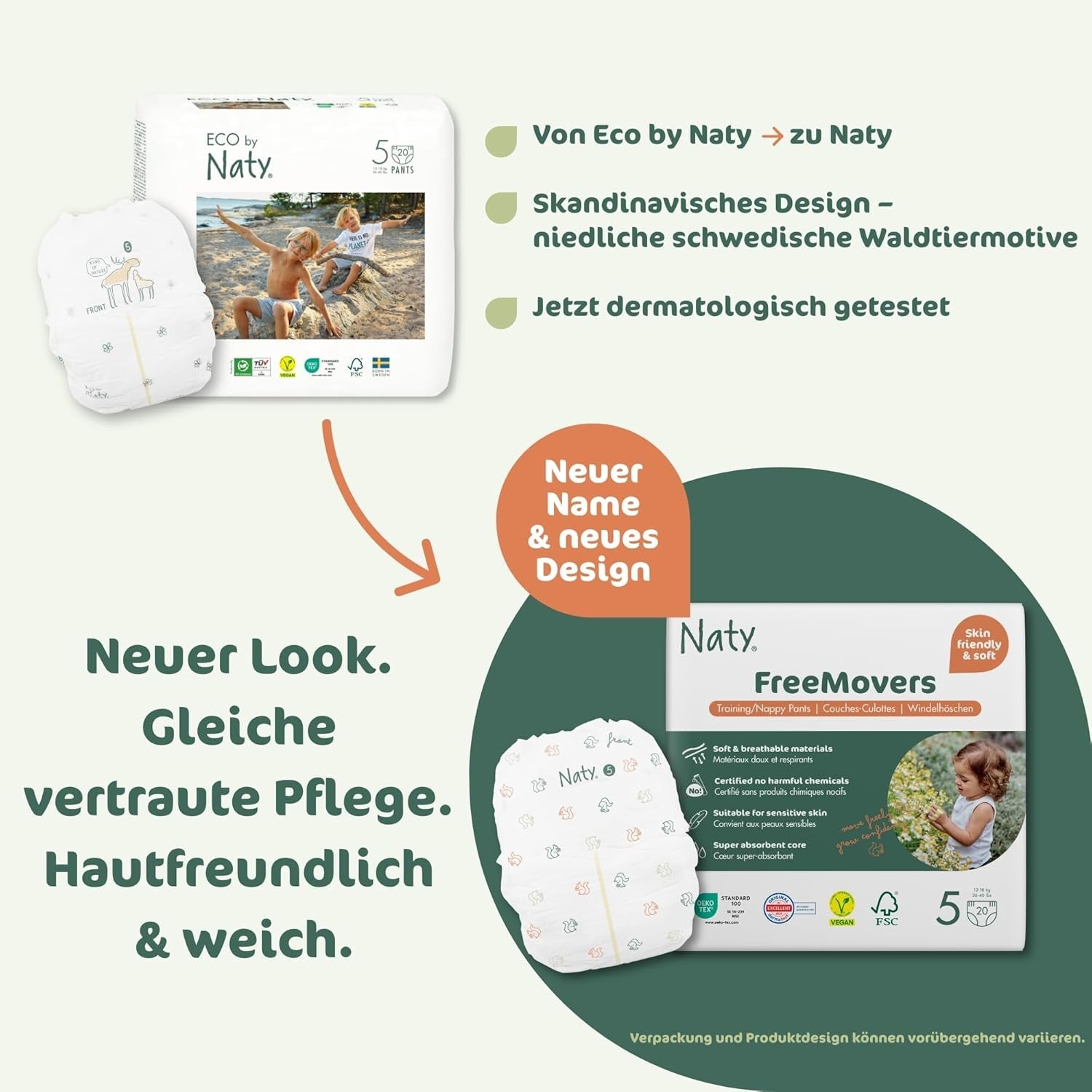 Scutece Naty FreeMovers pentru bebeluși | Huse de scutece certificate, prietenoase cu pielea | Moi și fără parfum | Absorbante și rezistente la scurgeri | Testate dermatologic | Mărimea 5 (12–18 kg) | 80 bucăți