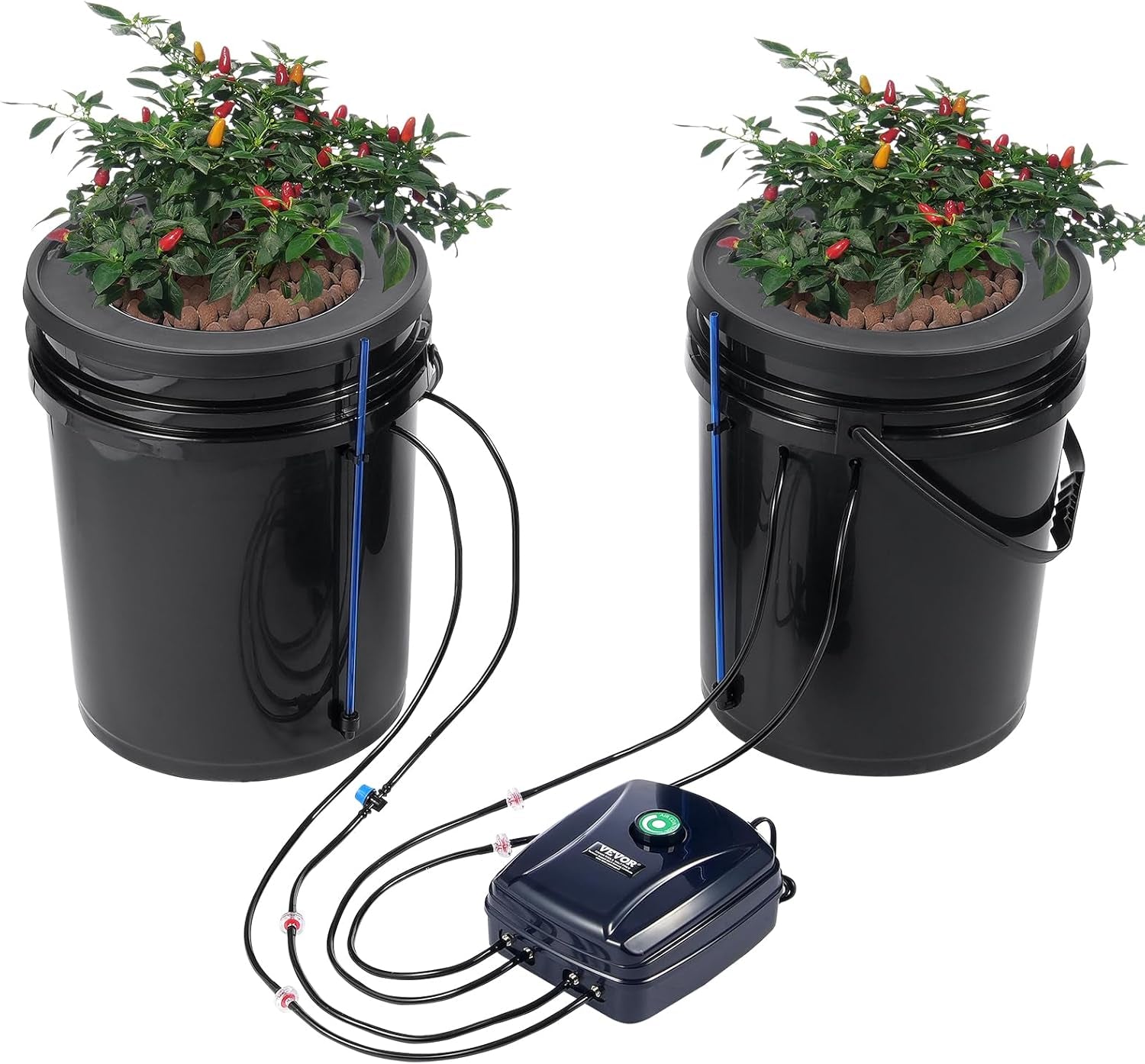 Sistem de creștere hidroponică VEVOR DWC, Sisteme de creștere hidroponică, Cultivare în apă adâncă 4 găleți de 20 de litri, Sistem DWC cu pompă de aer, pietre de aer și indicator al nivelului apei pentru legume cu frunze