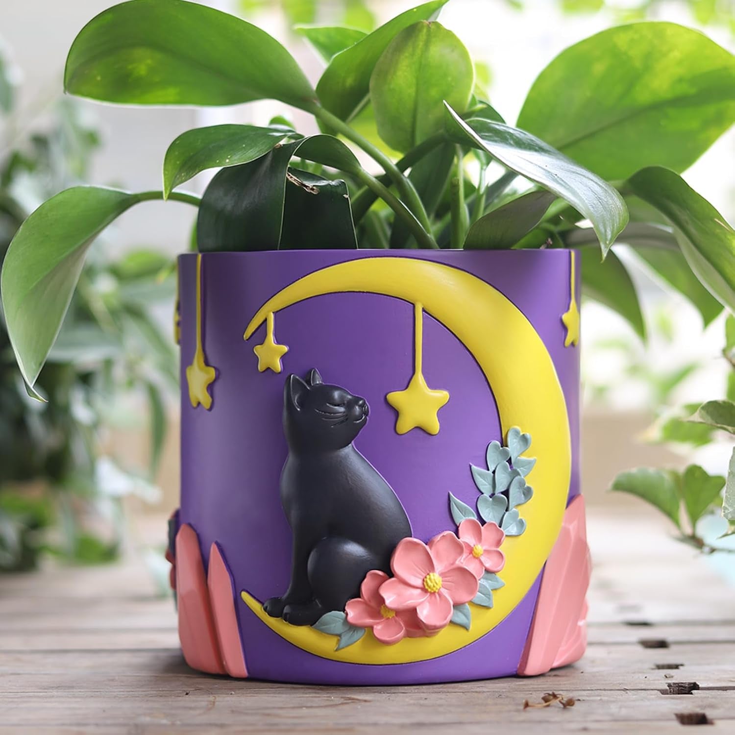Ghivece drăguțe GUGUGO cu pisică lunară, ghiveci unic cu drenaj, culori curcubeu, ghivece mici pentru plante de apartament, ghiveci distractiv pentru grădină suculente, cadou, decorațiune pentru casă (C)