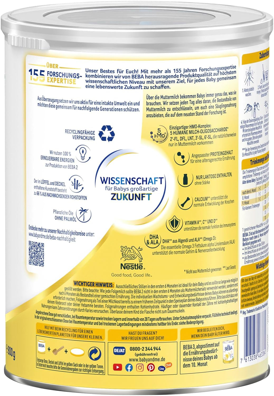 BEBA 2 - Lapte de continuare după 6 luni, cu complex 5 HMO, conținut proteic adecvat vârstei, fără lactoză, fără ulei de palmier, fără ulei de pește, hrană pentru bebeluși, lapte praf pentru bebeluși, pachet de 3 (3 x 800g)