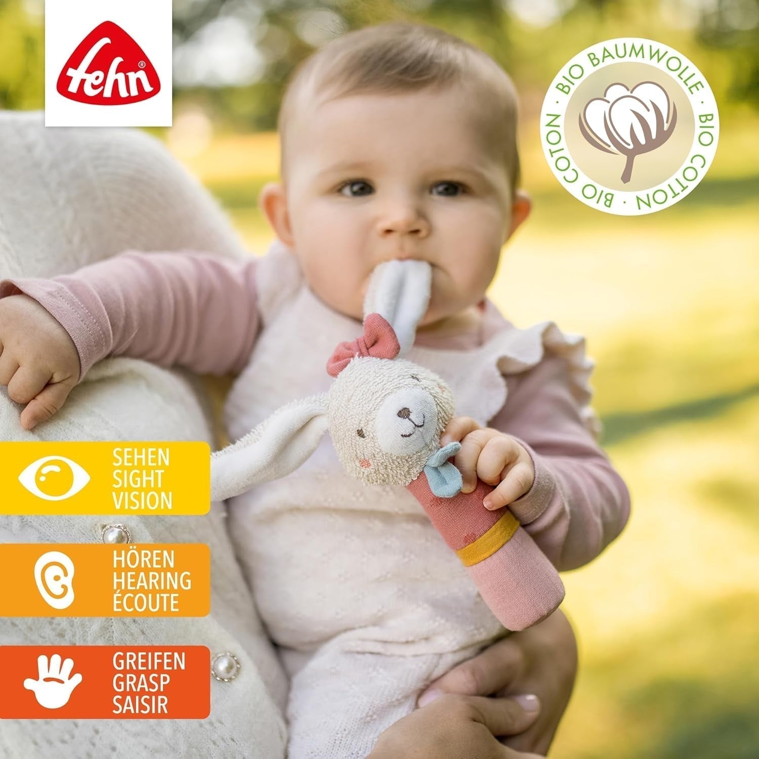 Fehn stick de prindere jucărie pentru copii fehnNatur jucărie iepure - jucărie de activitate motorie cu zornăitor pentru prindere, îmbrățișare - jucărie de prindere cu bumbac organic - jucărie pentru bebeluși și copii mici de la 0+ luni Jucarii Bebe Naty Shop