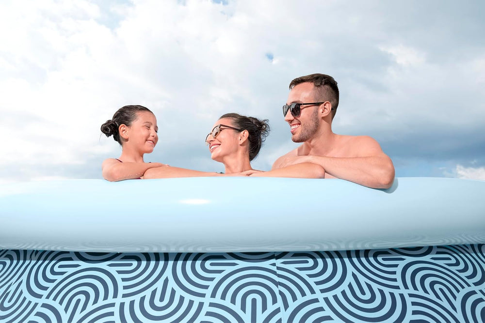 Set piscină supraterană Bestway Fast Set cu pompă de filtrare, Ø 396 x 84 cm, 7.340 litri, material TriTech cu 3 straturi, design grafic cu linii, autoasamblare, pompă de filtrare, cartuș de filtrare, plasture de reparare