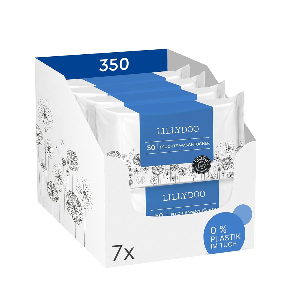 Șervețele umede LILLYDOO, 50 de bucăți, 100% fără plastic, șervețel extra mare, fără parfum