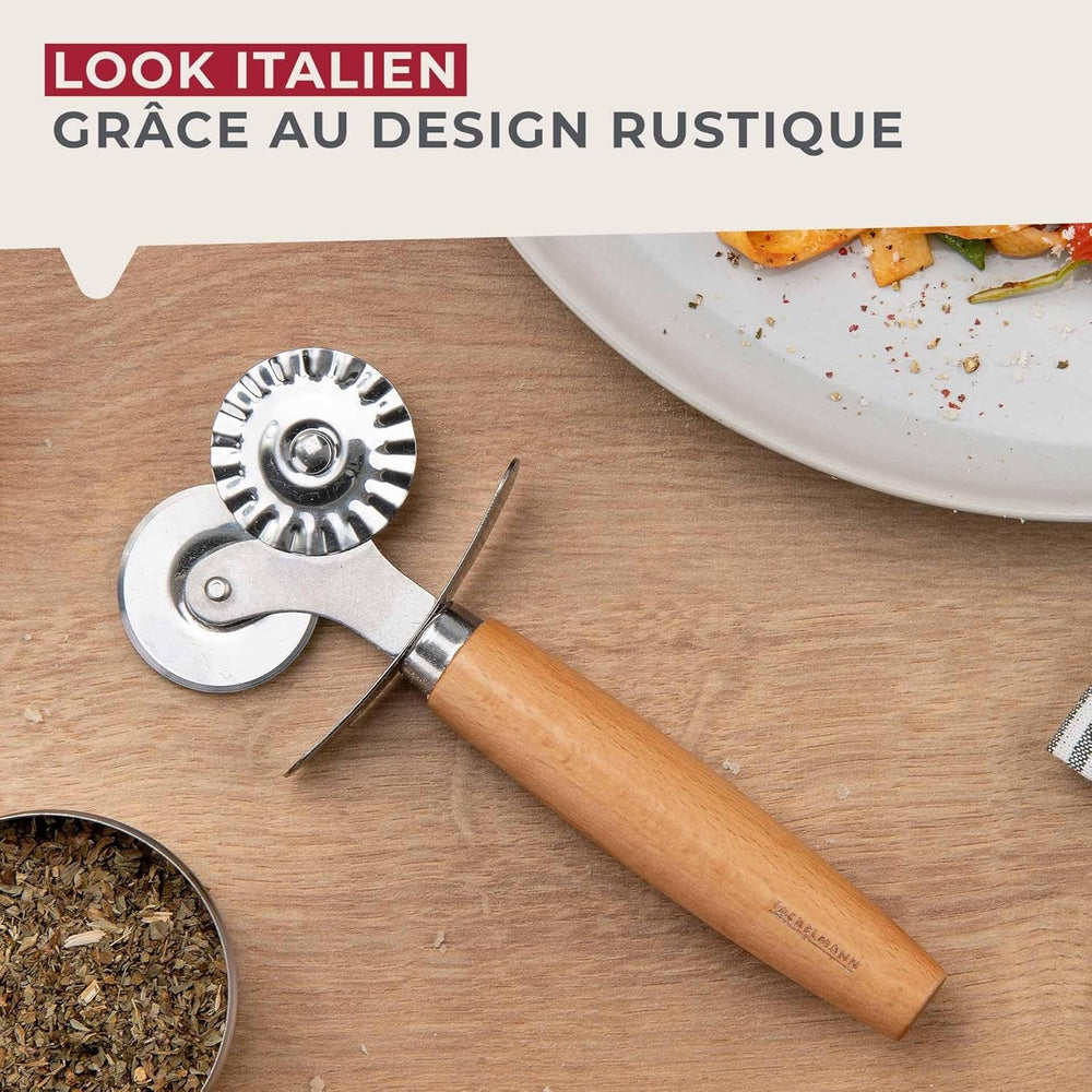 Roată de patiserie Fackelmann pentru ravioli, Maultaschen sau fursecuri – roată de patiserie din oțel inoxidabil cu aliaj de zinc – pentru paste de casă – mâner ergonomic din lemn de fag