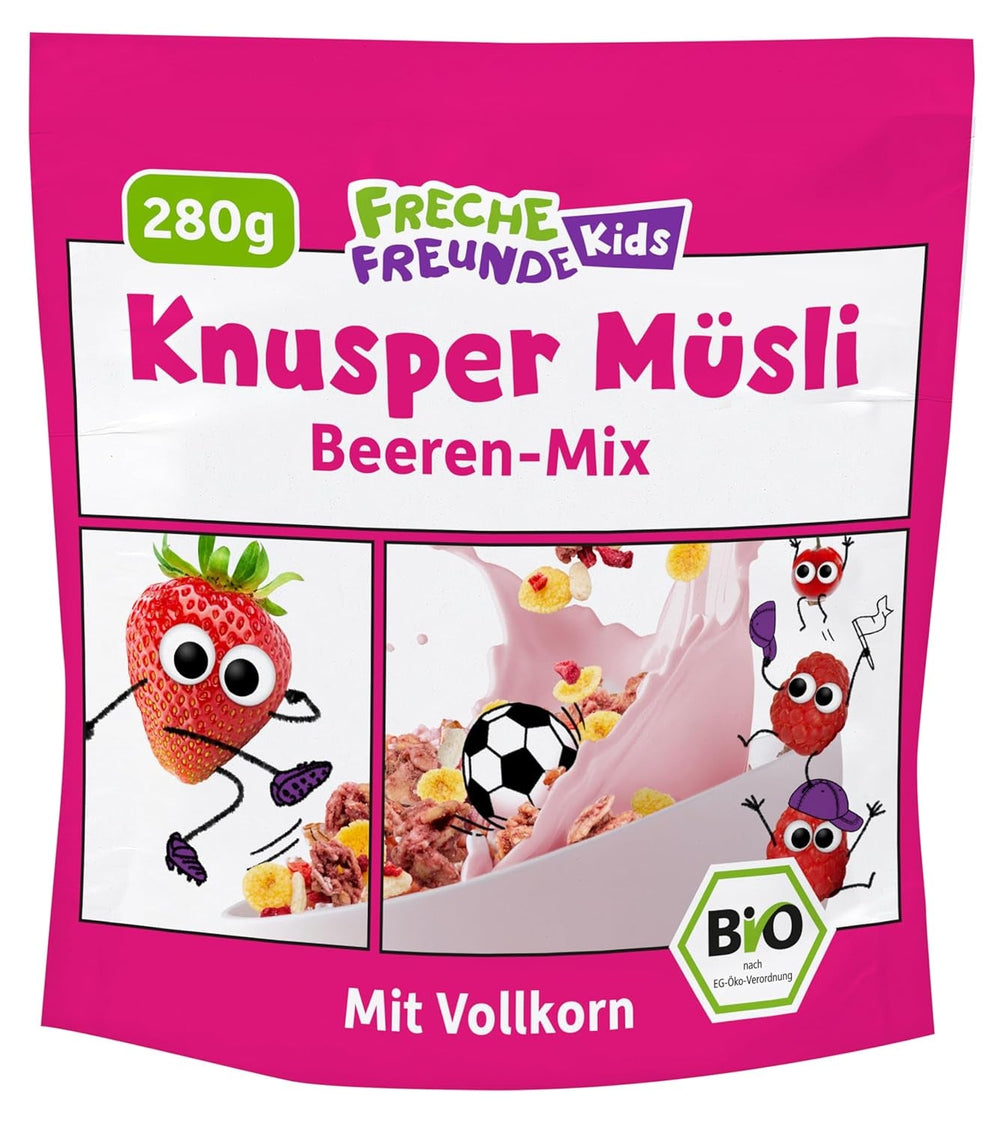 FRECHE FREUNDE Muesli organic pentru micul dejun, mix crocant de muesli cu fructe de pădure Edda's, pentru școlari, cu căpșuni liofilizate, vegan, pachet de 6 (6 x 280g)