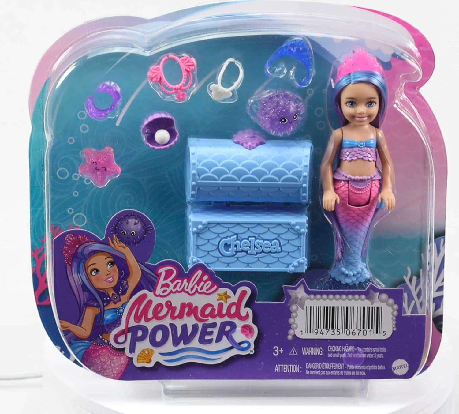 Barbie Mermaid Power, Chelsea Puppe, Meerjungfrau Puppe, Chelsea mit blauem & lila Haar, Krone, Meerjungfrauenschwanz, Zubehör, Geschenk für Kinder ab 3 Jahre,HHG57