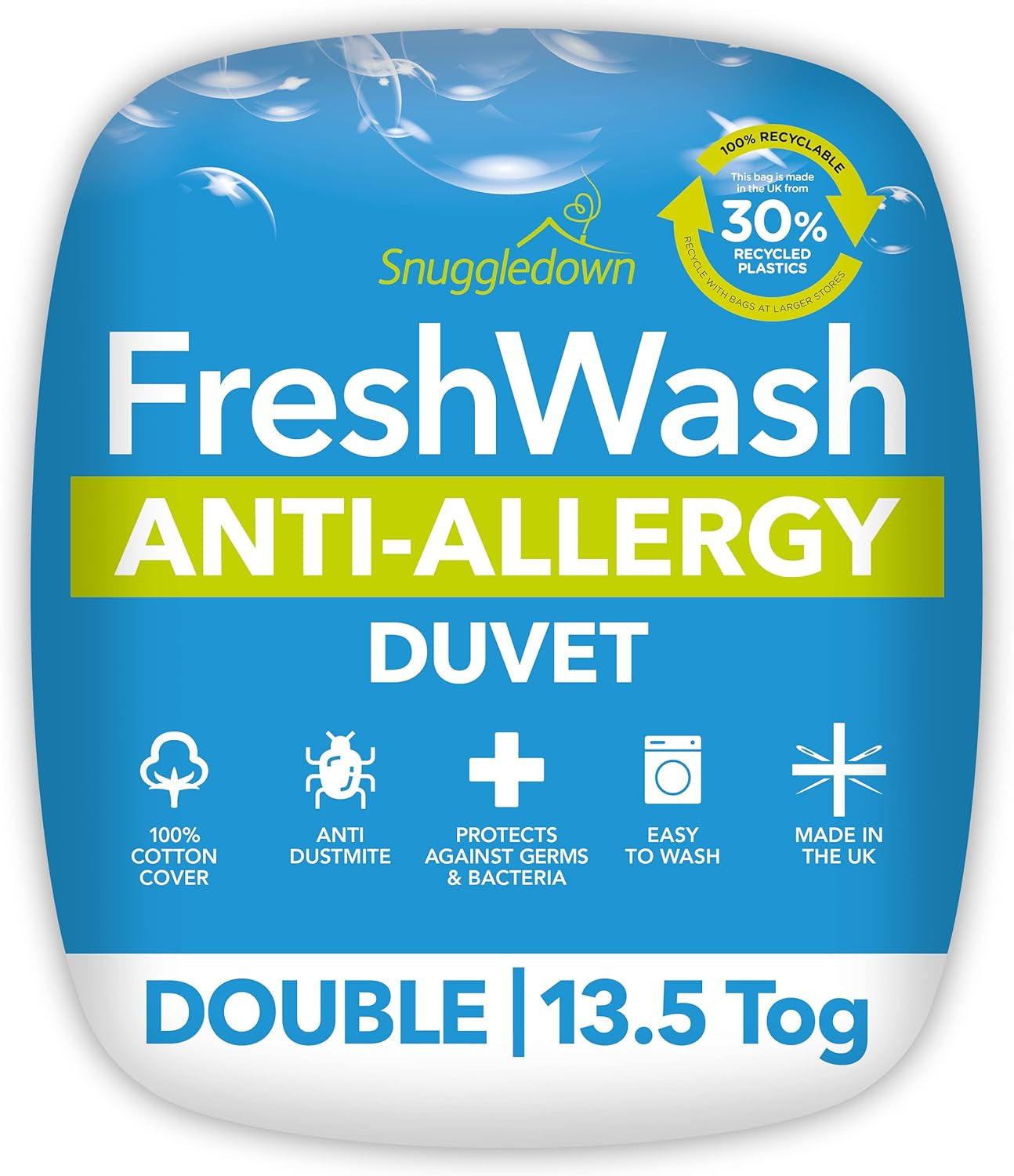 Plapumă pentru alergii Snuggledown Freshwash, 13,5 Tog Winter Warm, bumbac, alb, pat single Plapumi si pilote Naty Shop 10 X 200 X 200 Cm 13.5 Tog