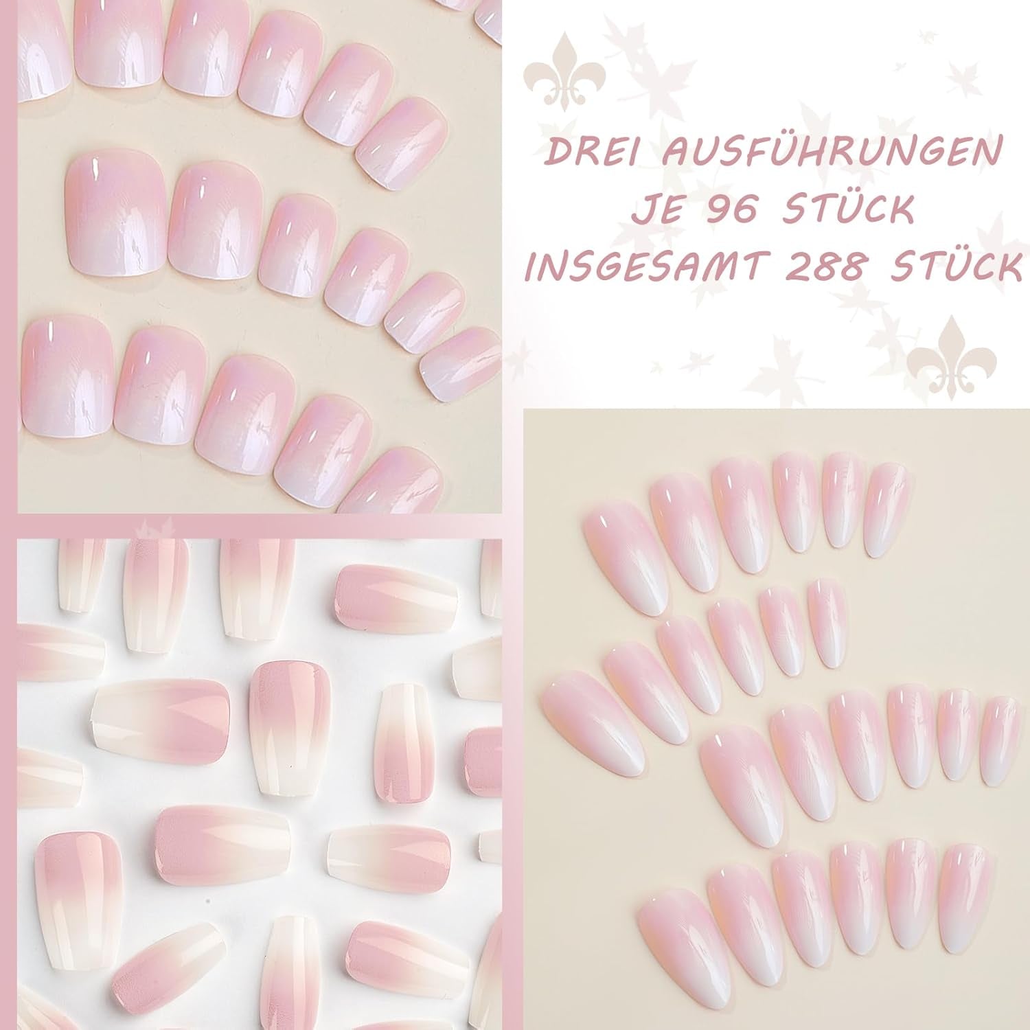 Set 288 bucăți unghii false Ombre Press-on - Kit unghii false artificiale Almond Square Medium Coffin - 3 stiluri gradient cu lipici pentru unghii acrilice pentru femei (Set gradient, 288 bucăți)