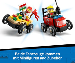 LEGO City Pizzalieferwagen vs. Löschauto - Seifenkisten Spielzeug für Mädchen und Jungen ab 5 Jahren - Bauset mit 2 Fahrer Minifiguren - Geschenk zum Geburtstag & für die Feiertage 60458