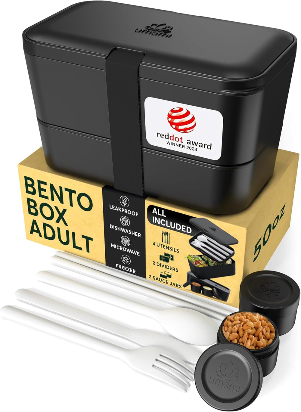 Cutie de prânz Umami pentru adulți, cutie bento stivuibilă etanșă cu 4 tacâmuri și compartimente, cutie de prânz pentru adulți, recipient pentru salată to-go, cutie de prânz pentru picnic / birou, gri cărbune, 1500 ml Cutii depozitare alimente Naty Shop Onix negru - 1500 Ml L - 1500 Ml Stivuibile unul în celălalt