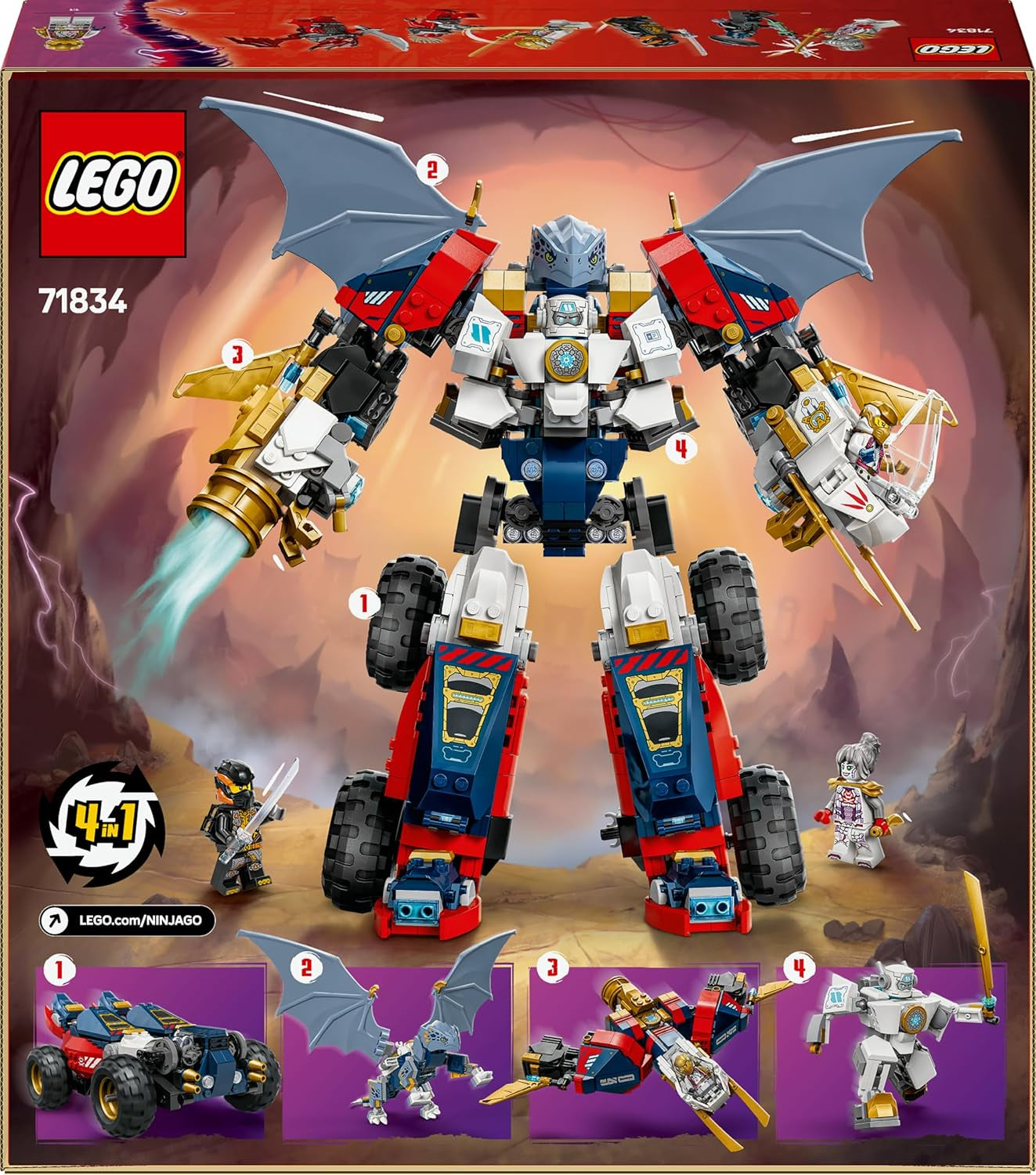 LEGO NINJAGO 4in1 Zanes Ultra-Kombi-Mech - Spielzeug mit Auto Modell - Umbaubar in einen Jet oder Drachen Figur - Inkl. 6 Minifiguren - Bauspielzeug für Jungen und Mädchen ab 9 Jahren 71834