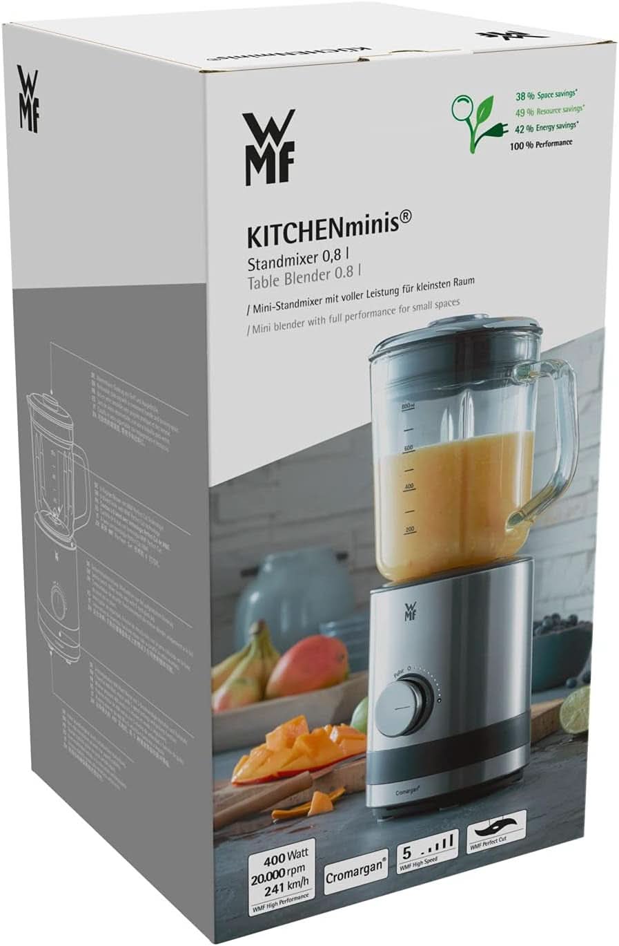 WMF Küchenminis Kompaktmixer, Mini Standmixer, 400 Watt, Standmixer Klein, Glasbehälter 0,8 L, Pulsstufe, Cromargan Matt Bucatarie Naty Shop