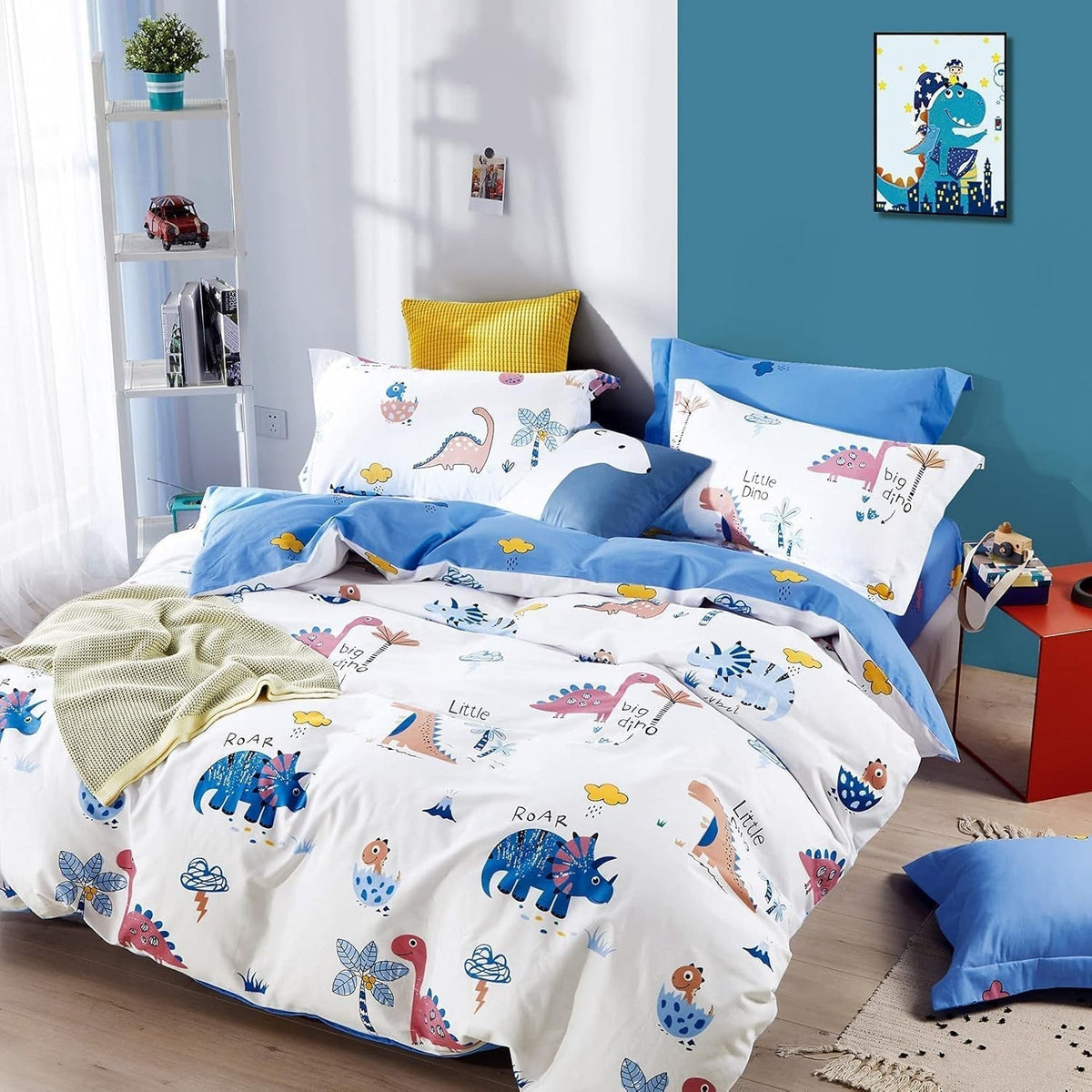 Lenjerie de pat pentru copii, unisex, dinozauri, bumbac Lenjerie de pat - copii Naty Shop Modelul A 135 X 200 cm + 80 X 80 cm