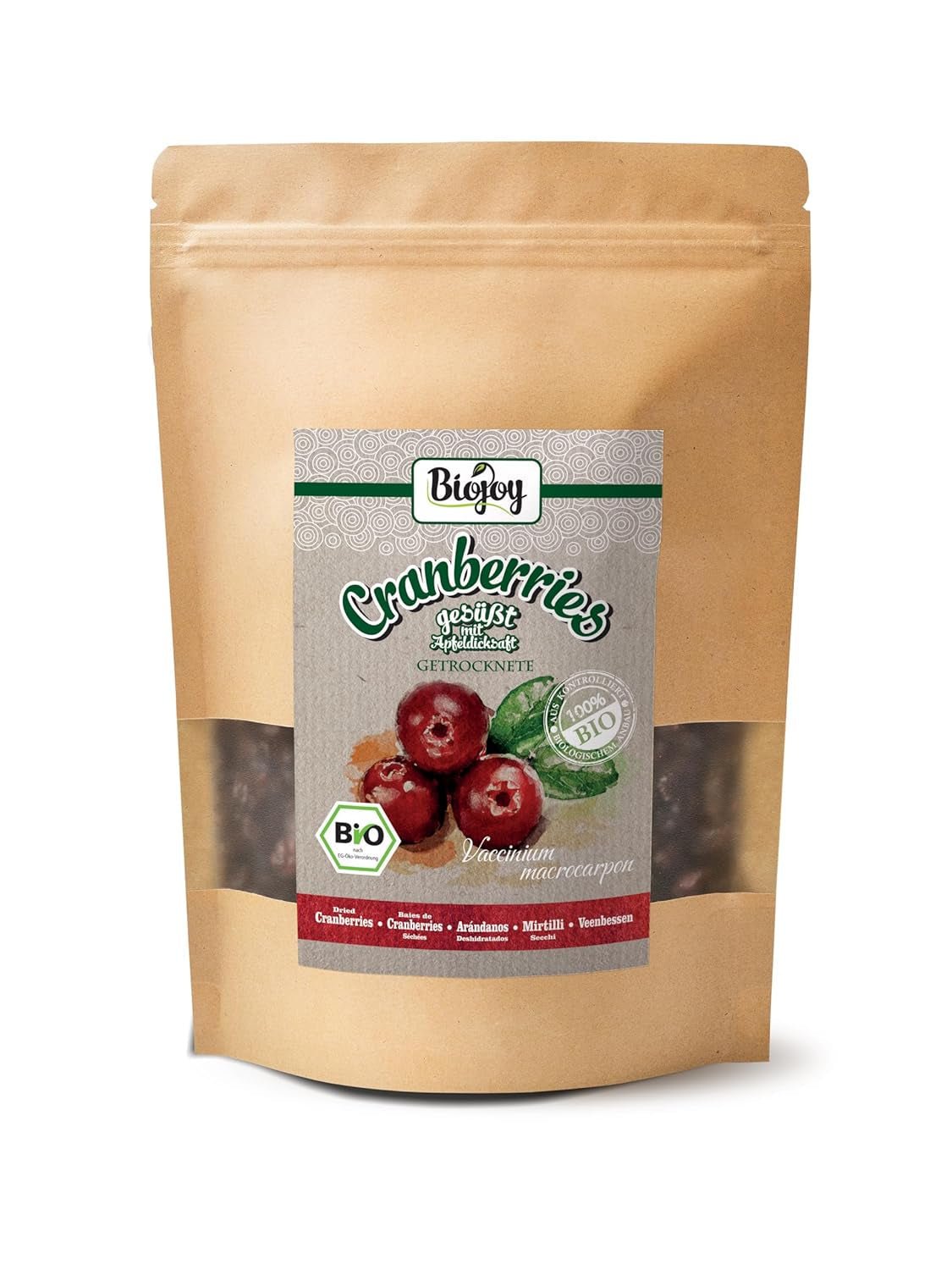 Biojoy merișoare organice uscate (1 kg), merișoare îndulcite cu sirop de mere Produse deshidratate Naty Shop 500 G