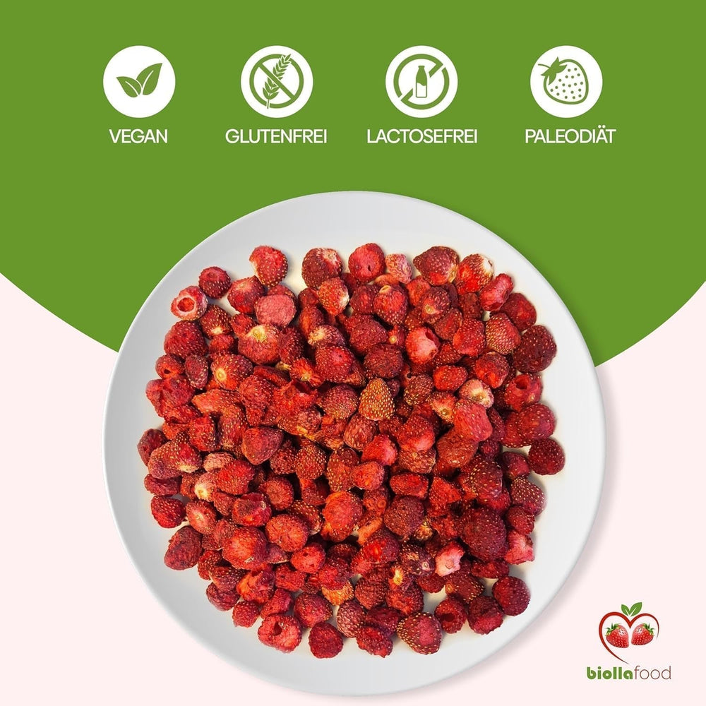 biolla food căpșuni întregi uscate, 0,5 kg, 100% naturale. Gustări sănătoase pentru copii. Ideale pentru smoothie-uri, muesli cu ovăz, ceai și terci. Durată lungă de valabilitate. VEGAN, FĂRĂ GLUTEN, ALIMENTE CRUDE Produse deshidratate Naty Shop