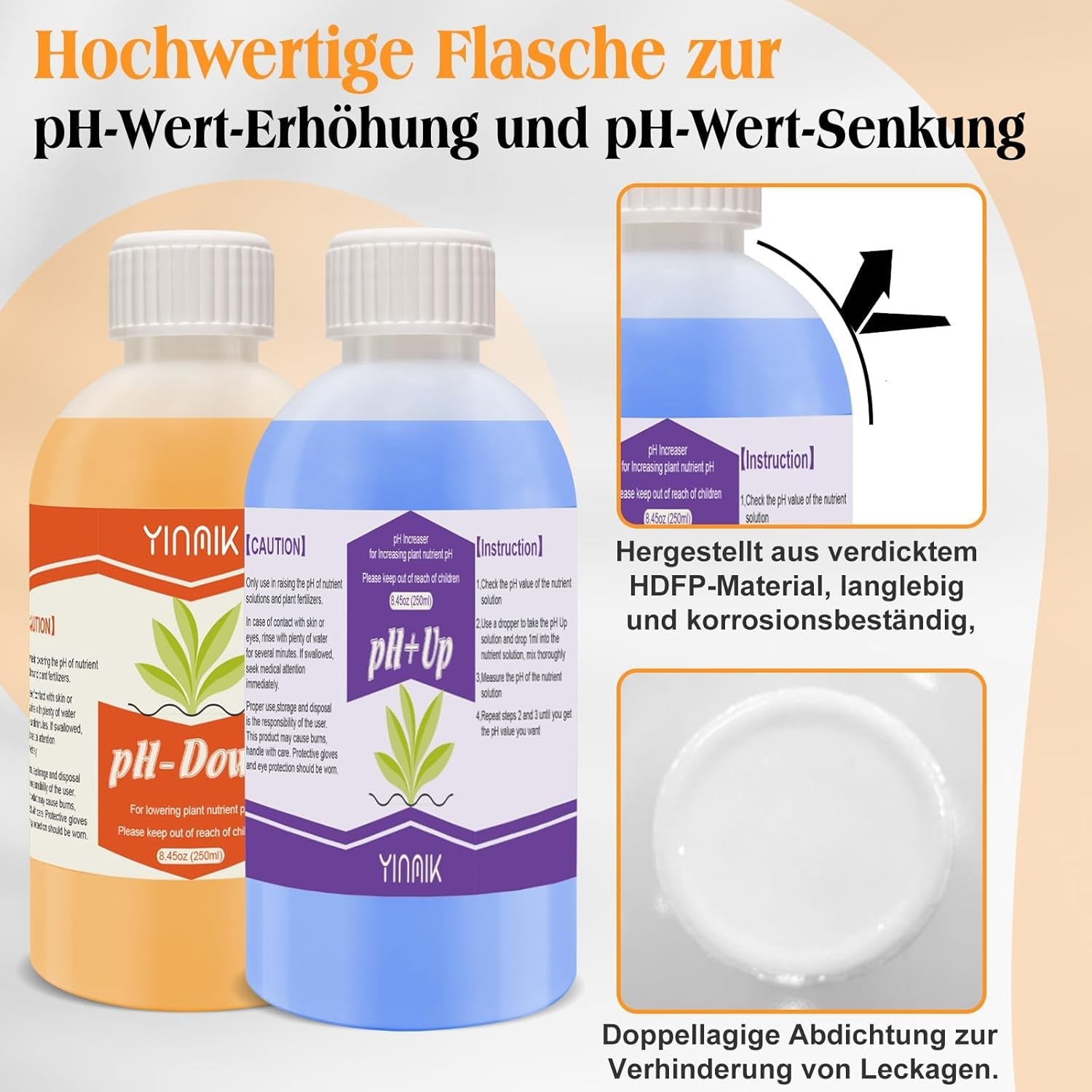 Regulator de pH pentru hidroponie, lichid pH Up și pH Down, fluid regulator de pH pentru scăderea sau creșterea valorii pH-ului, tampon premium 250 ml, potrivit pentru toate sistemele hidroponice (sol și apă)
