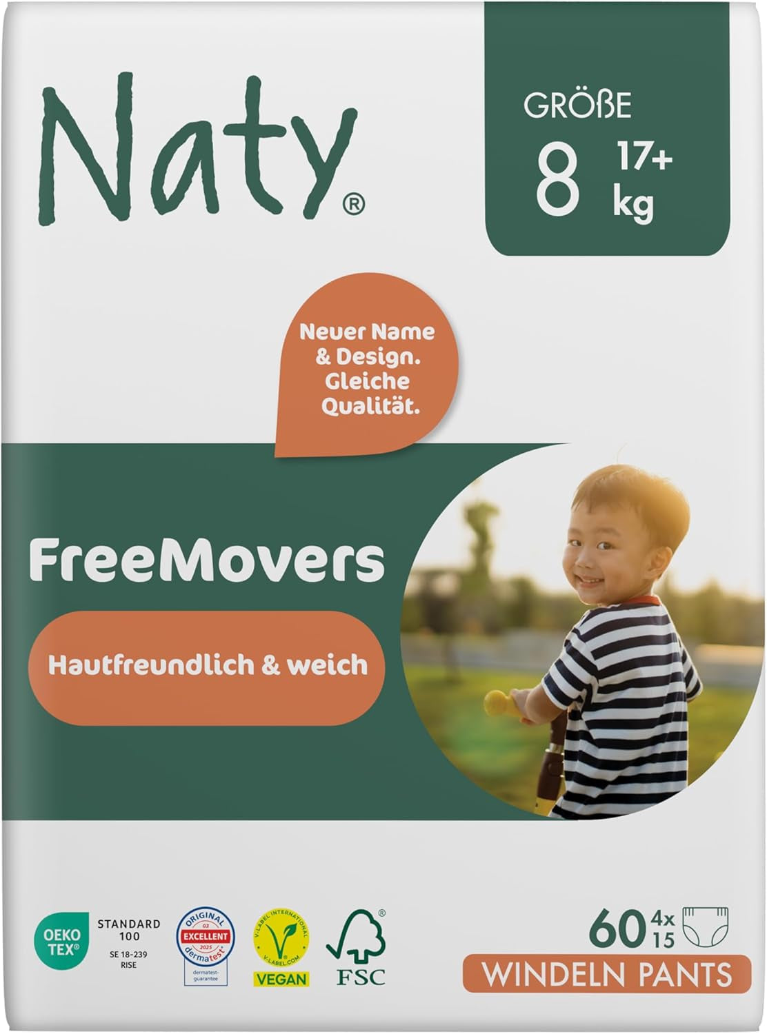 Scutece Naty FreeMovers pentru bebeluși | Huse de scutece certificate, prietenoase cu pielea | Moi și fără parfum | Absorbante și rezistente la scurgeri | Testate dermatologic | Mărimea 5 (12–18 kg) | 80 bucăți