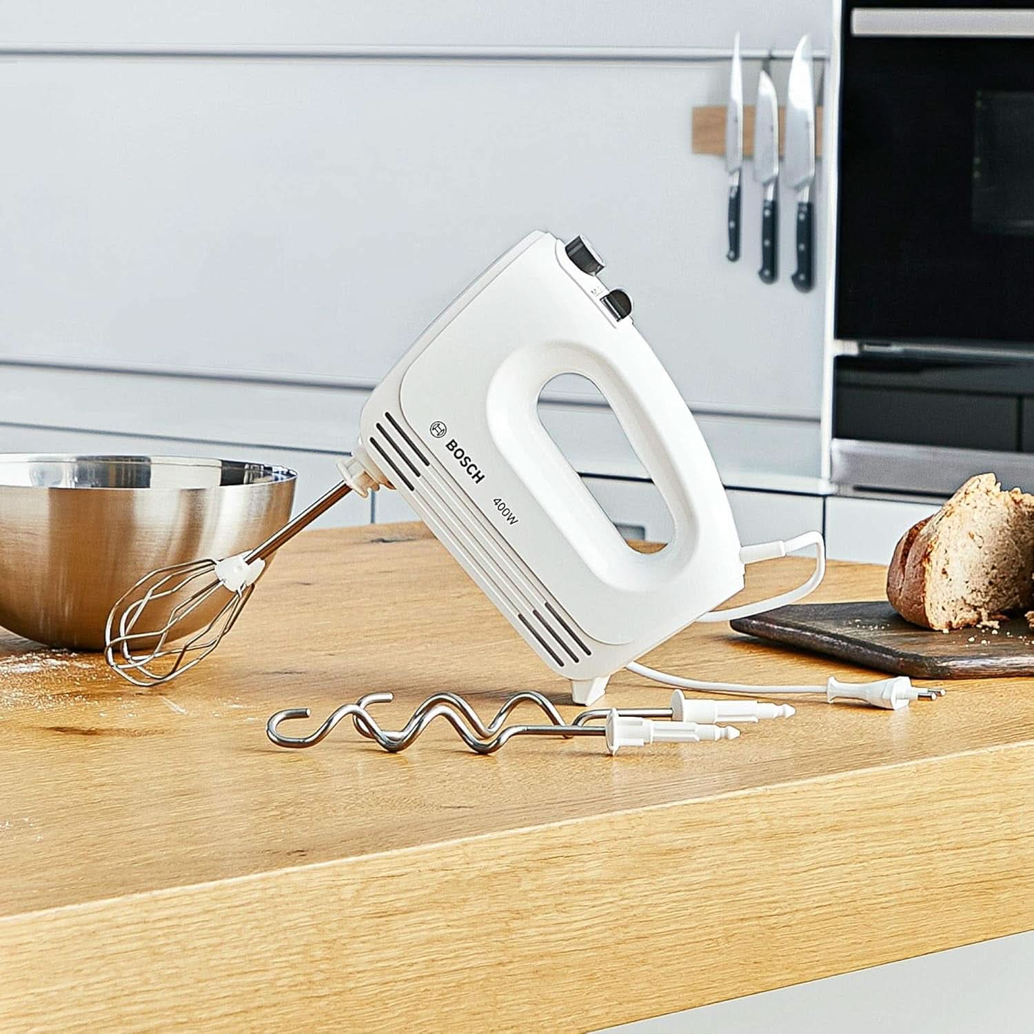Bosch Hausgeräte Handrührer Clevermixx MFQ24200, 2 Rührbesen, 2 Spülmaschinengeeignet, 4 Stufen, Leicht, Leise, 400 W Weiß/Edelstahl Bucatarie Naty Shop