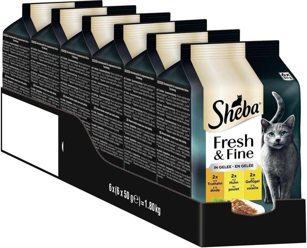 Sheba Portion Pouches Hrană umedă pentru pisici, pachet multiplu Fresh & Fine în jeleu cu curcan și pui, 6x6x50g - Hrană pentru pisici de înaltă calitate în jeleu cu curcan și pui