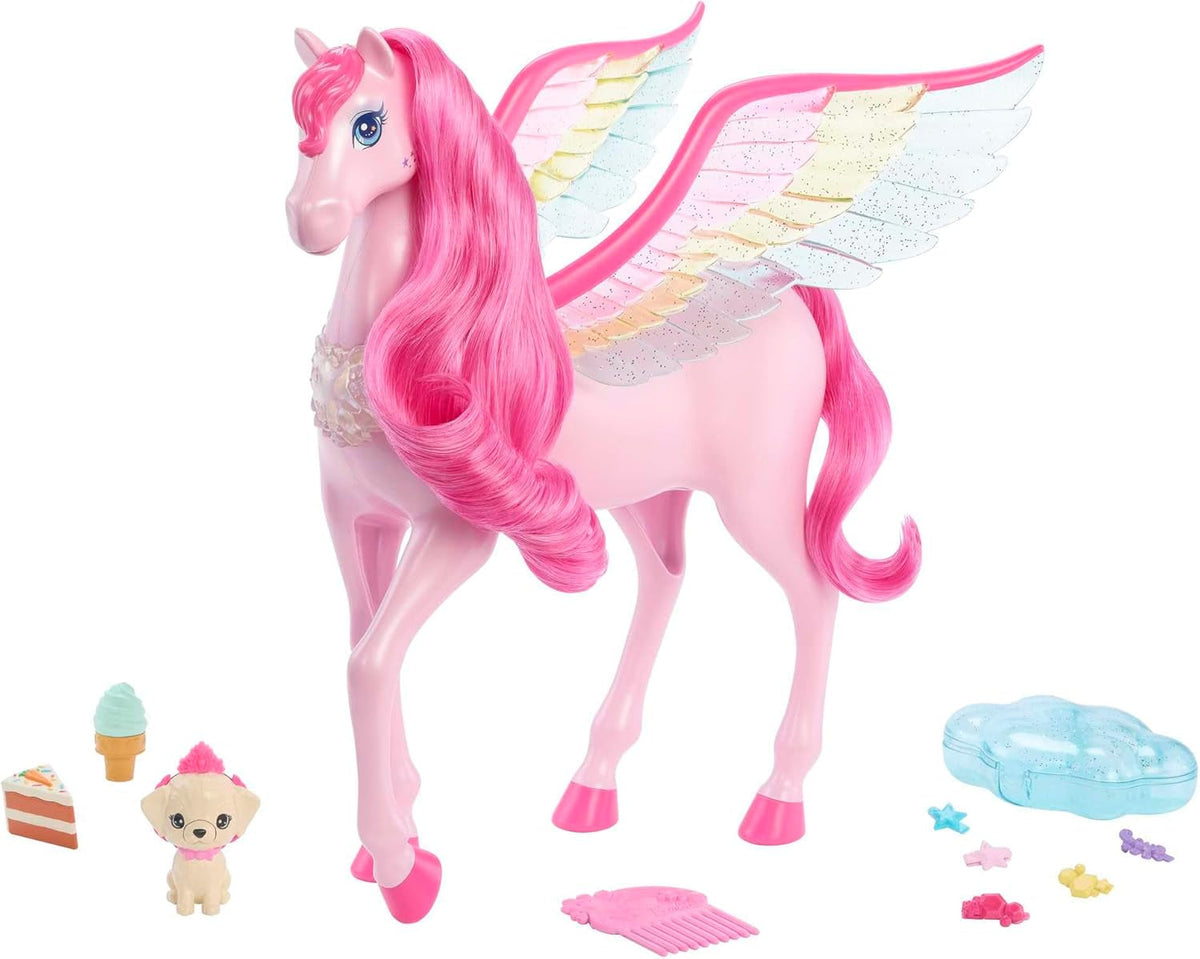 Barbie Pegasus Magie Ascunsă - Jucărie interactivă cu lumini și sunete, 10 accesorii, aripi curcubeu, pentru copii cu vârsta de 3 ani și peste, HLC41