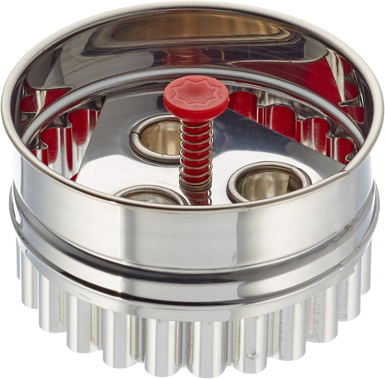 Städter 966339 formă mare de biscuiți Linzer cu ejector, 3 găuri, oțel inoxidabil, argintiu/roșu, 6,5 x 6,5 x 4 cm