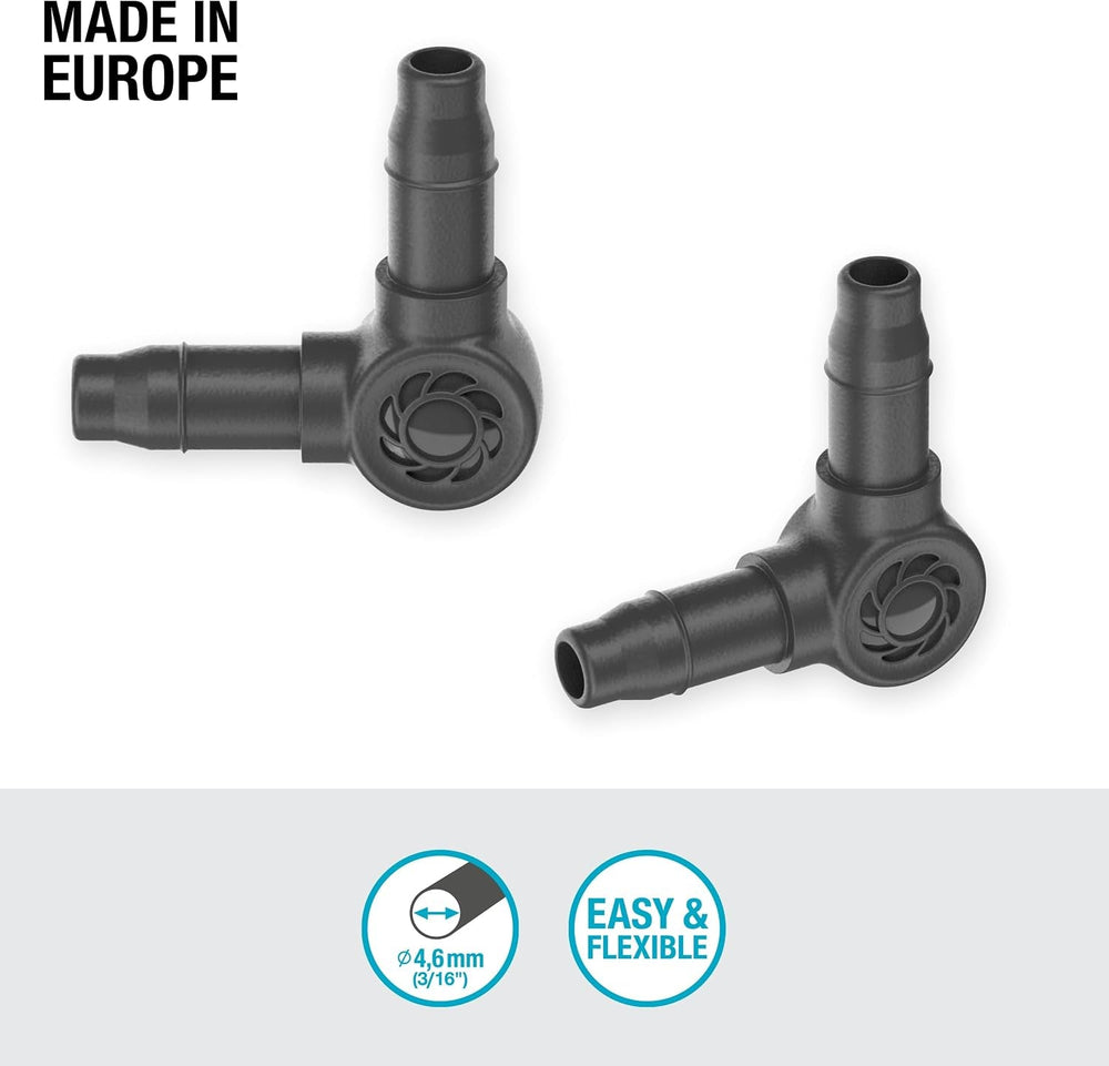 Piesă în L pentru sistemul de picurare Gardena Micro-Drip 4,6 mm (3/16 inch): Pentru schimbarea direcției de distribuție și a liniilor de picurare cu 90 de grade, instalare fără îndoiri, tehnologie de conectare ușoară și flexibilă (13212-20)