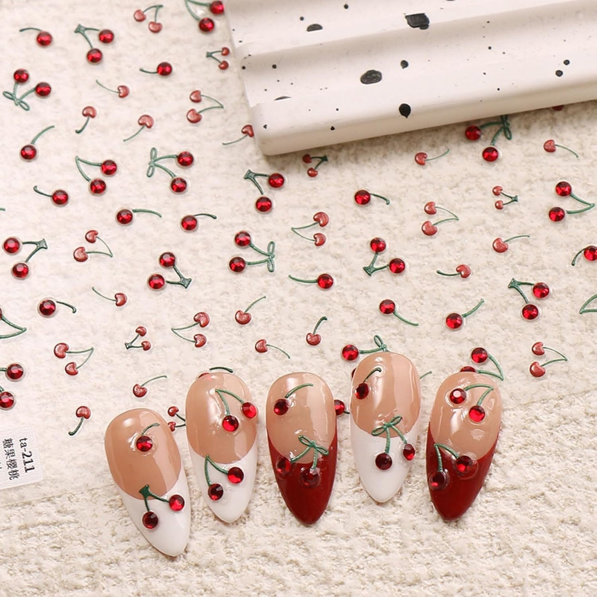 JMEOWIO 3D Nagelsticker Kirsche Nail Art Sticker Selbstklebend Nagelaufkleber 5D Stereoskopisch Dekoration Nageldesign Zubehör 1 Blatt