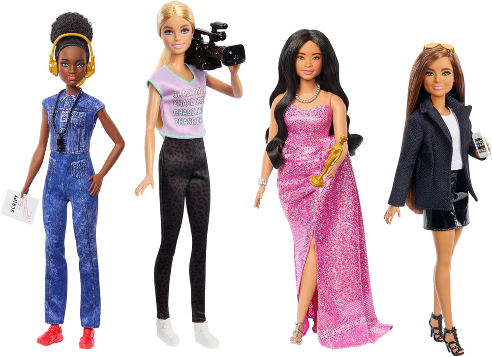 Barbie Berufe-Set mit 4 Puppen und Zubehör, Frauen in der Filmbranche mit Studioleiterin, Regisseurin, Kamerafrau und Filmstar in ausziehbaren Outfits, HRG54