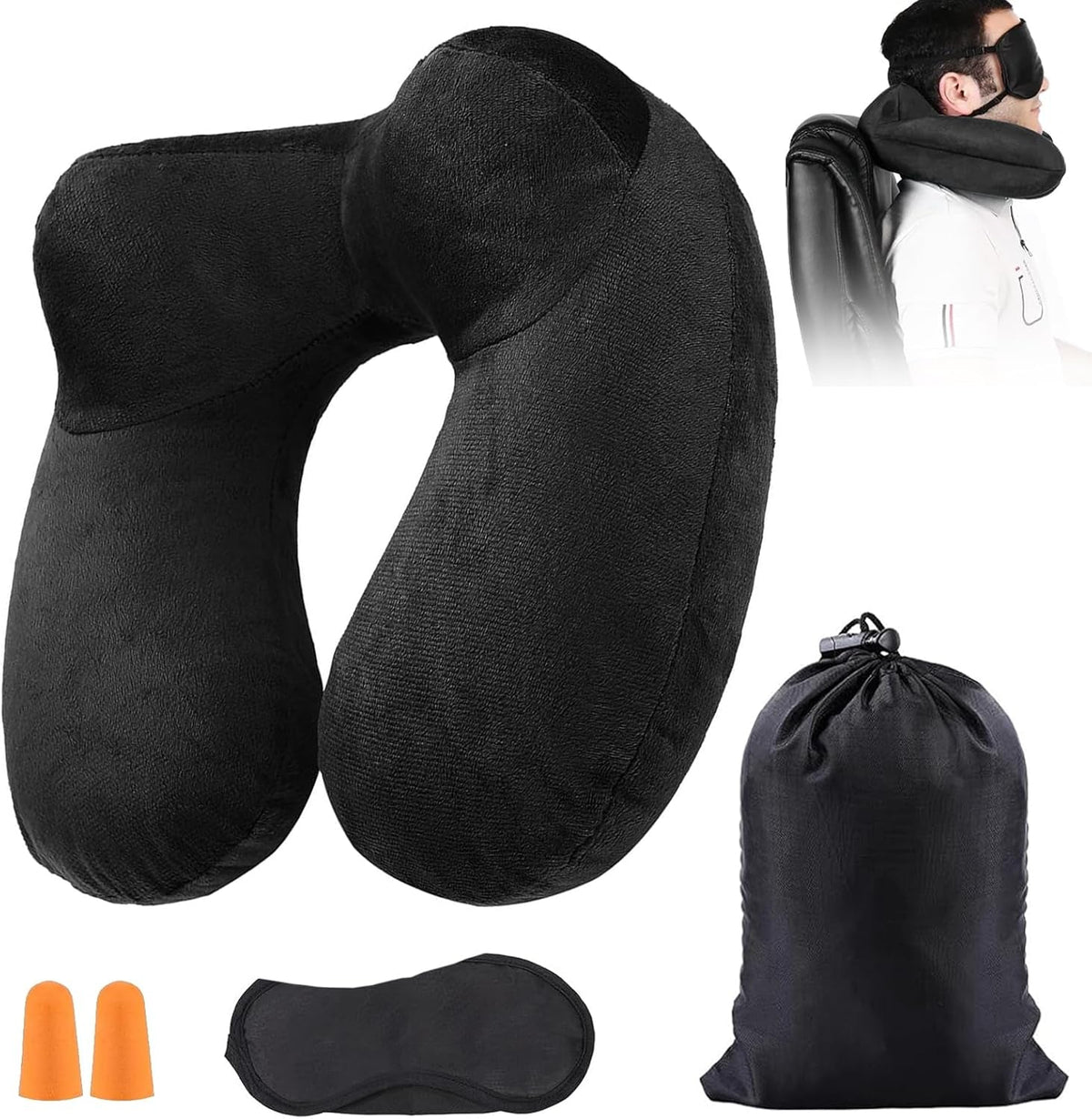 Pernă de călătorie gonflabilă, pernă de călătorie cu mască de somn + dopuri pentru urechi + sac de transport, super ușor și portabil, ideal pentru avion, mașină, casă, birou, negru Perne calatorie Naty Shop Titlu implicit