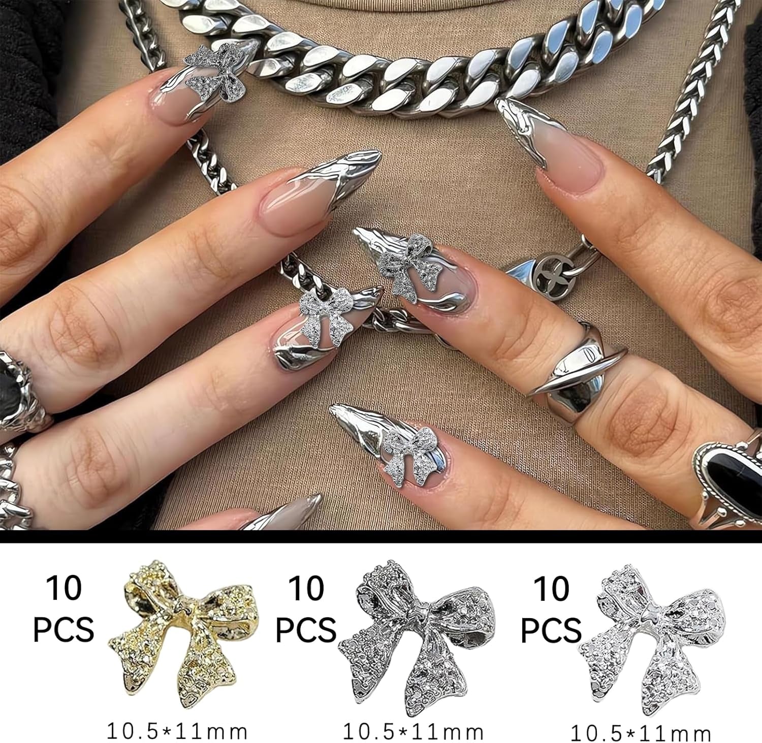30 de bucăți de funde metalice pentru unghii, funde aurii, argintii și gri, accesorii pentru unghii, decorațiuni pentru unghii pentru femei și fete, design de unghii artizanal