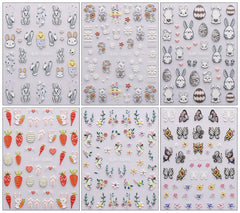 JMEOWIO 6 Blatt 3D Nagelsticker Ostern Nail Art Sticker Selbstklebend Nagelaufkleber 5D Stereoskopisch Süßer Hase Ei Dekoration Nageldesign Zubehör