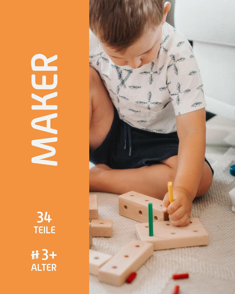 Matador Kinder Baukasten ab 3 Jahren 34-tlg. - Spannendes Holz Konstruktionsspielzeug zur Schulung von Kreativität und Feinmotorik, Bauspielzeug mit Stäbchen, Klötzen, Hammer & Zange
