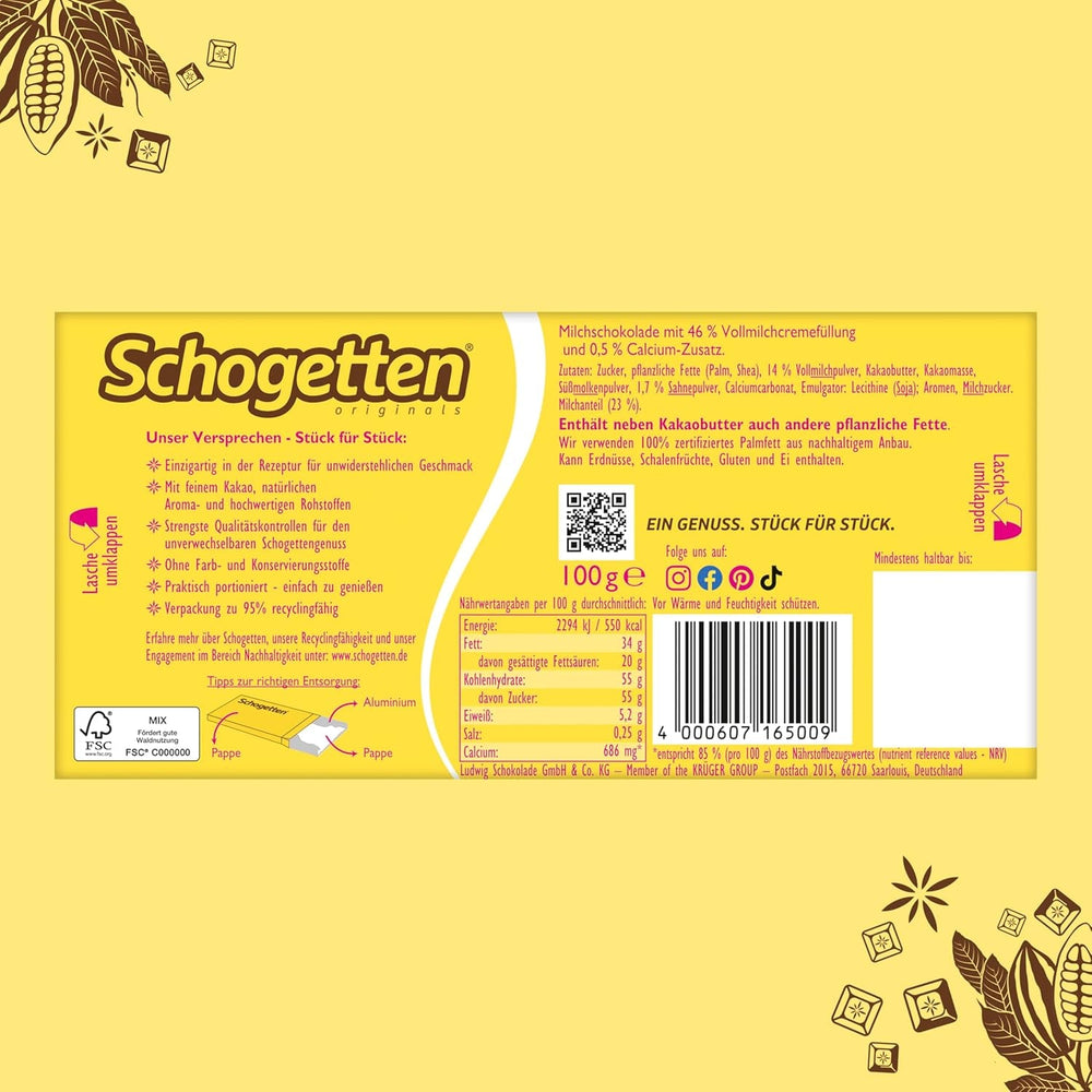 Schogetten pentru copii, tabletă de ciocolată 100g, ciocolată cu lapte cu umplutură cremoasă de lapte, porționată convenabil. O delicatesă. Bucată cu bucată.