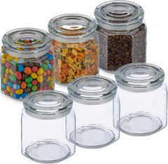 Borcane de depozitare Relaxdays cu capac, set de 6, sticlă, 1,3 l, borcane de depozitare octogonale, recipiente etanșe din sticlă, transparente Cutii depozitare alimente Naty Shop Titlu implicit