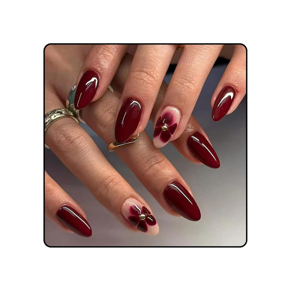 24 Flori Burgundy cu Armură de Diamant, Unghii Presabile, Unghii Artificiale pentru Lipire, Set Vârfuri de Unghii