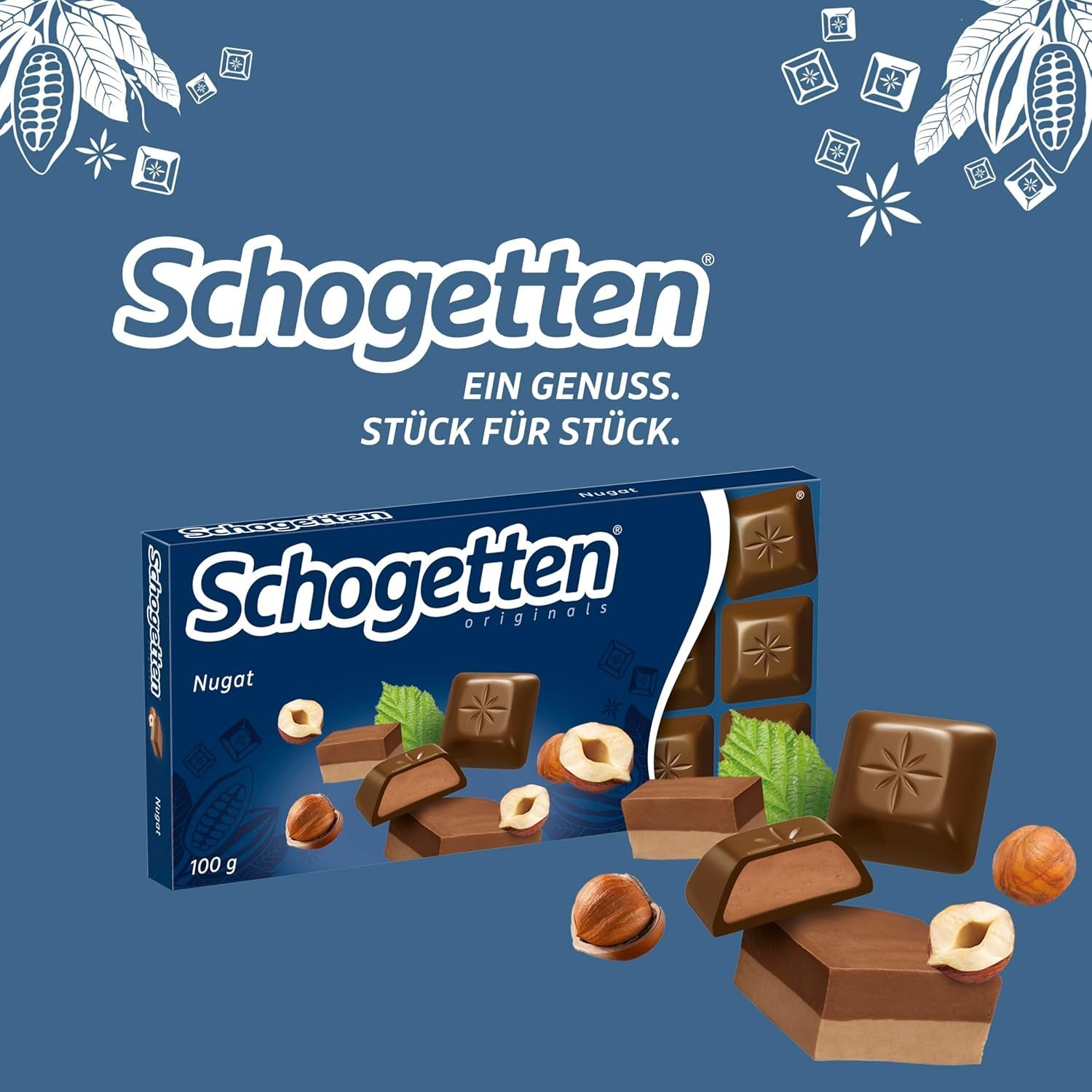 Baton de ciocolată Schogetten Nougat 100g, porționat individual. O încântare. Bucată cu bucată.