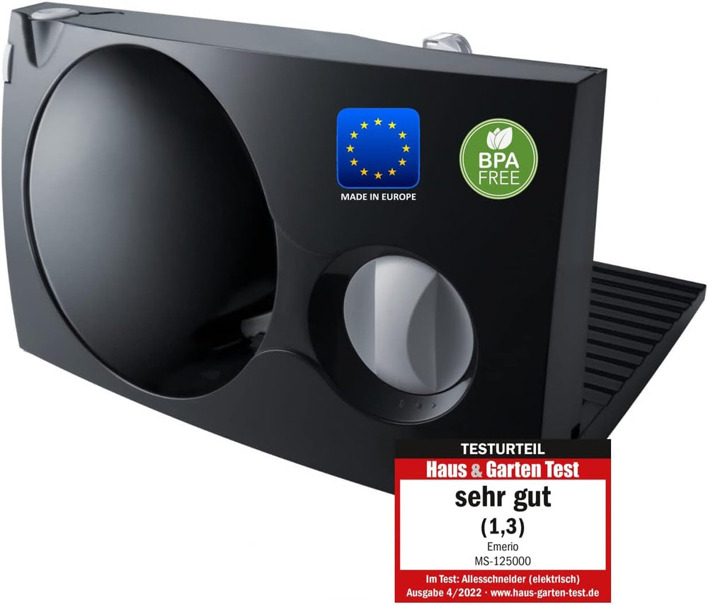 Emerio All Purpose Slicer „Made in EU” MS-125000, lamă din oțel inoxidabil fabricată în Germania, reglabilă 0-17 mm, 100 W Rasnite si Feliatoare Naty Shop Single Negru