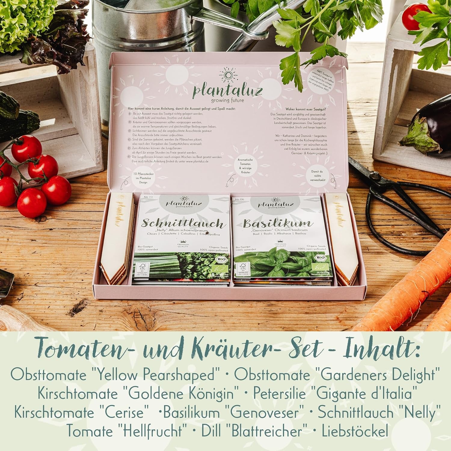 Plantaluz Bio Premium Saatgut Set – 10 Sorten Tomaten & Kräuter Samen – Samenfeste Bio-Qualität Für Garten & Balkon – Liebevolle Geschenkidee Inkl. Beschriftbarer Pflanzenstecker