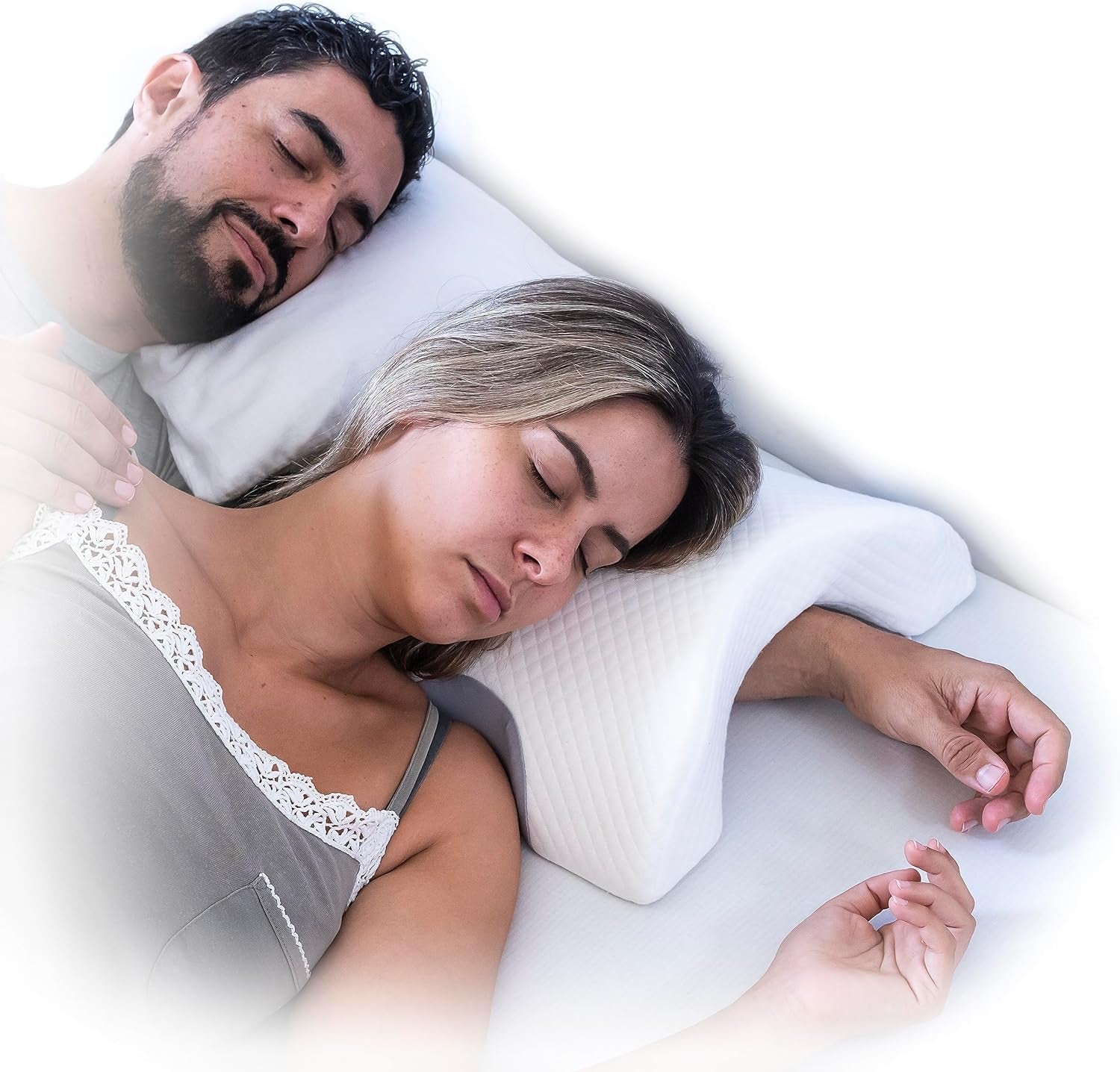 InnovaGoods - Pernă cervicală vâscoelastică pentru cupluri, Design ergonomic pentru relaxare în cuplu, Spumă cu memorie pentru ameliorarea presiunii, Husă detașabilă, Alb, 36 x 12,5 x 30,5 cm, Spumă cu memorie