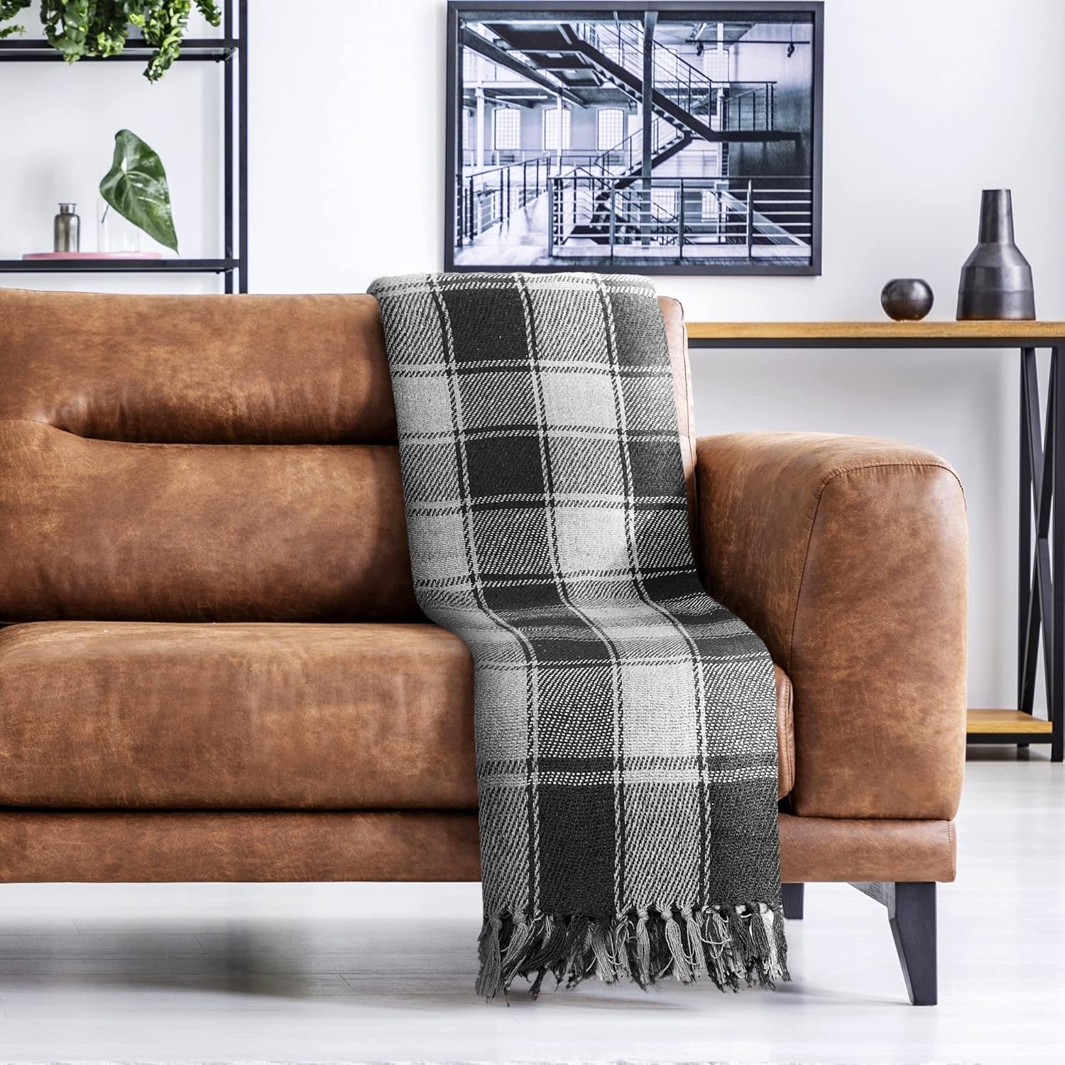 Frisco throw, Bumbac reciclat, Tradițional, Cu carouri, Pentru scaun, canapea, canapea, arunca, pătură, Antracit, 127 X 152 Cm Paturi si Cuverturi Emma Barclay