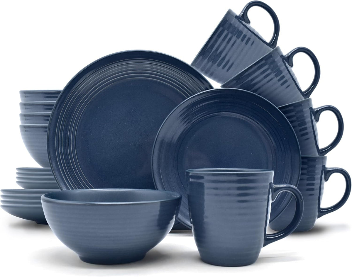 Set de veselă combinat vintage ECHTWERK „Alicia” cu 16 piese Design modern pentru 4 persoane, set elegant de veselă din gresie albastru închis cu 4 farfurii, 4 farfurii laterale, 4 boluri, 4 cești de ceai