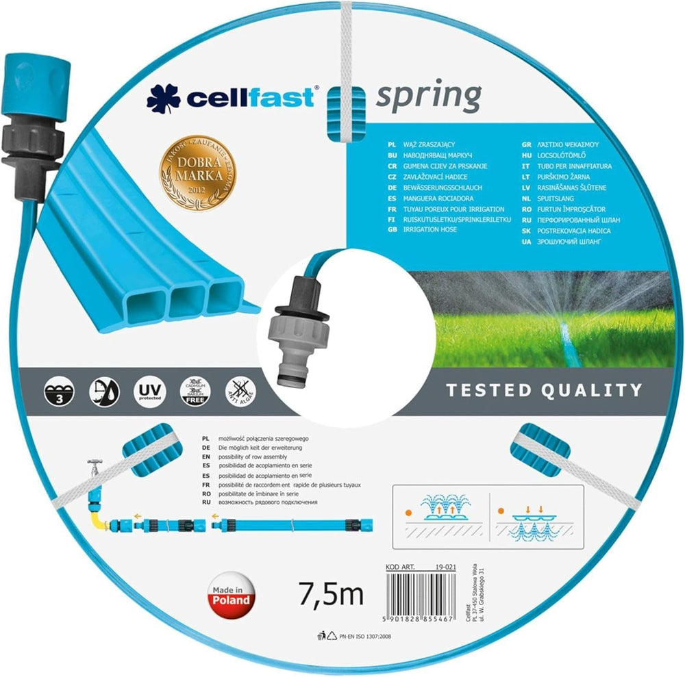 Furtun de irigații Cellfast SPRING, furtun de irigații cu trei canale și conectori completi, fabricat din fire de înaltă calitate, rezistent la UV, 15 m, 1/2 inch, 19-022, multicolor, 38x38x8 cm