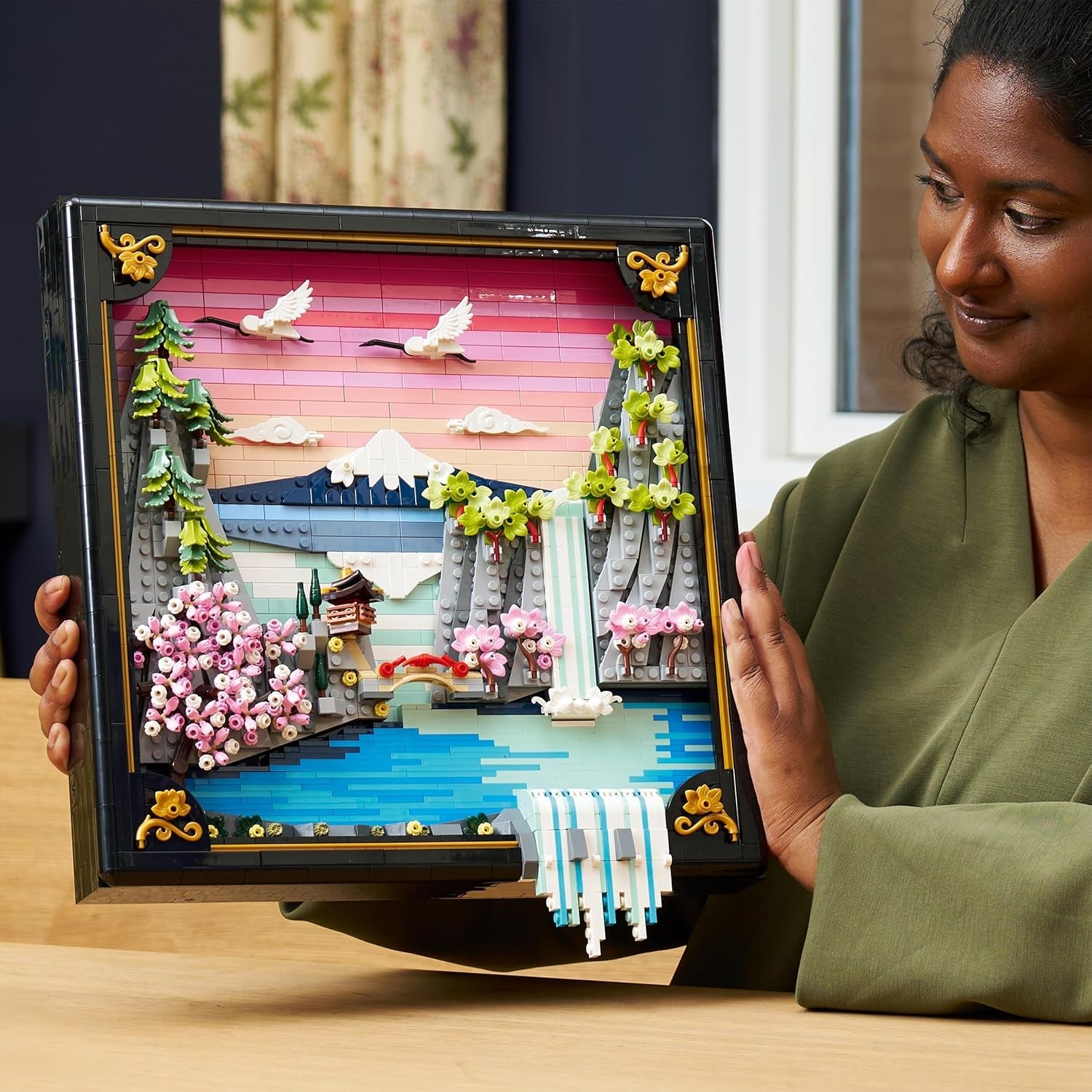 LEGO Art Japanische Kirschblütenlandschaft - DIY Set - Bauset für Erwachsene - 3D Wandkunst im Rahmen mit dem Fuji-Berg, Sakura (Kirschblüten) und Wasserfall - Geschenk für Männer und Frauen - 31218