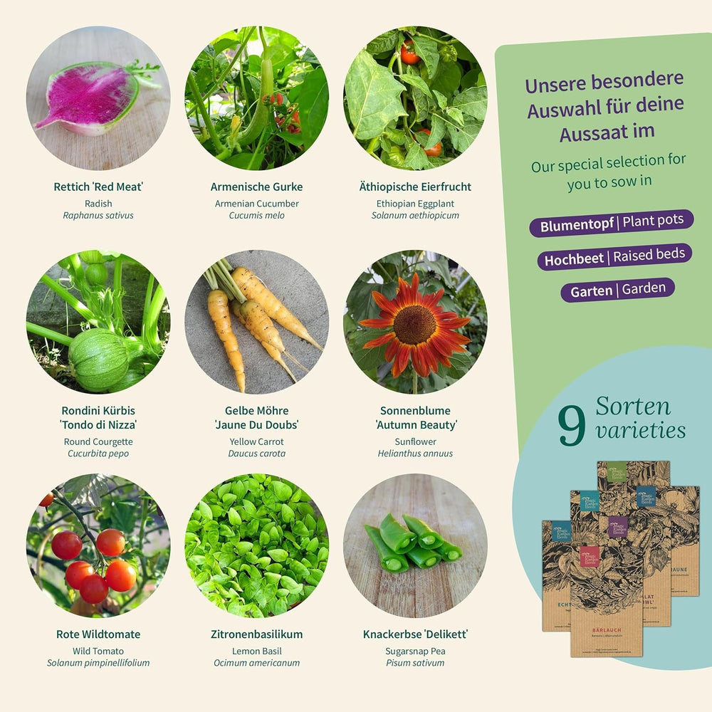 Semințe Magic Garden - Set de semințe rare - 9 soiuri neobișnuite de legume, ierburi și flori - culese manual, colorate și neobișnuite - cadou original pentru iubitorii de grădinărit