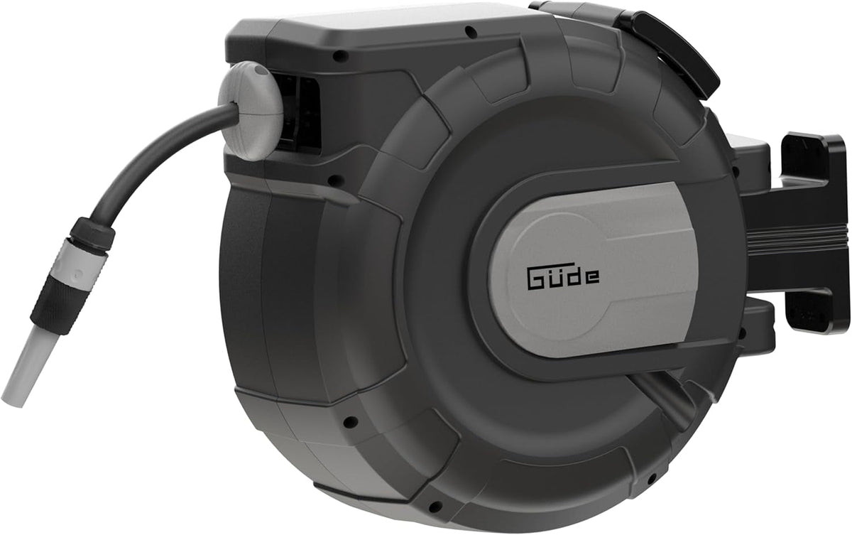 Rolă automată pentru furtun Güde 30-2-2 1/2 (rotație la 180°, pentru montare pe perete, furtun de 30 m, pulverizator de apă, suport de perete, retragere automată, opritor retragere, mâner de transport, 2 cuplaje rapide)