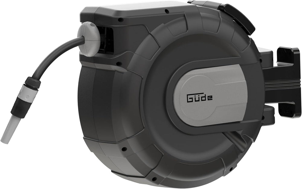 Rolă automată pentru furtun Güde 20-2-2 1/2 (pentru montare pe perete, rotire la 180°, furtun de 20 m, pulverizator de apă, suport de perete, retragere automată, opritor retragere, mâner de transport, 2 cuplaje rapide)