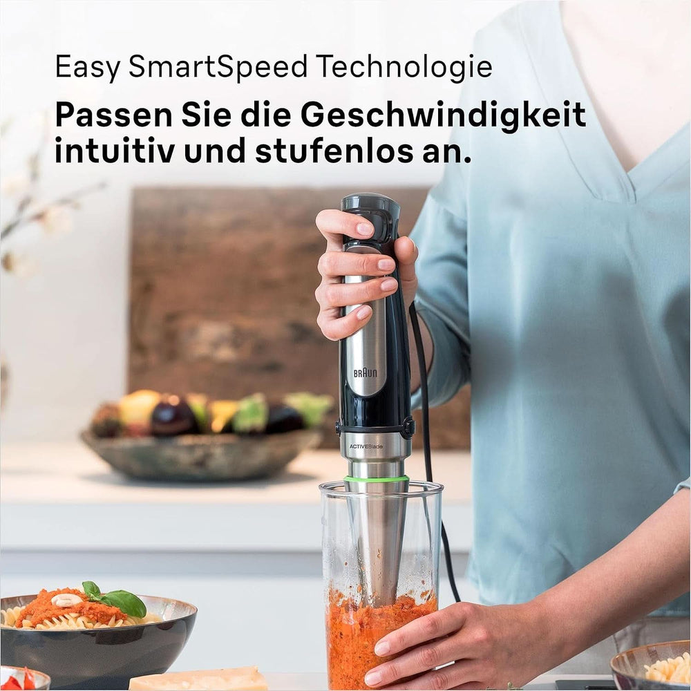 Braun Multiquick 7 MQ 7035X Stabmixer - Pürierstab Mit Abnehmbarem Edelstahl Mixfuß Mit Activeblade Technologie Zum Pürieren Der Härtesten Zutaten, Inkl. 3-Teiliges Zubehör Set, 1000 Watt, Schwarz Bucatarie Naty Shop