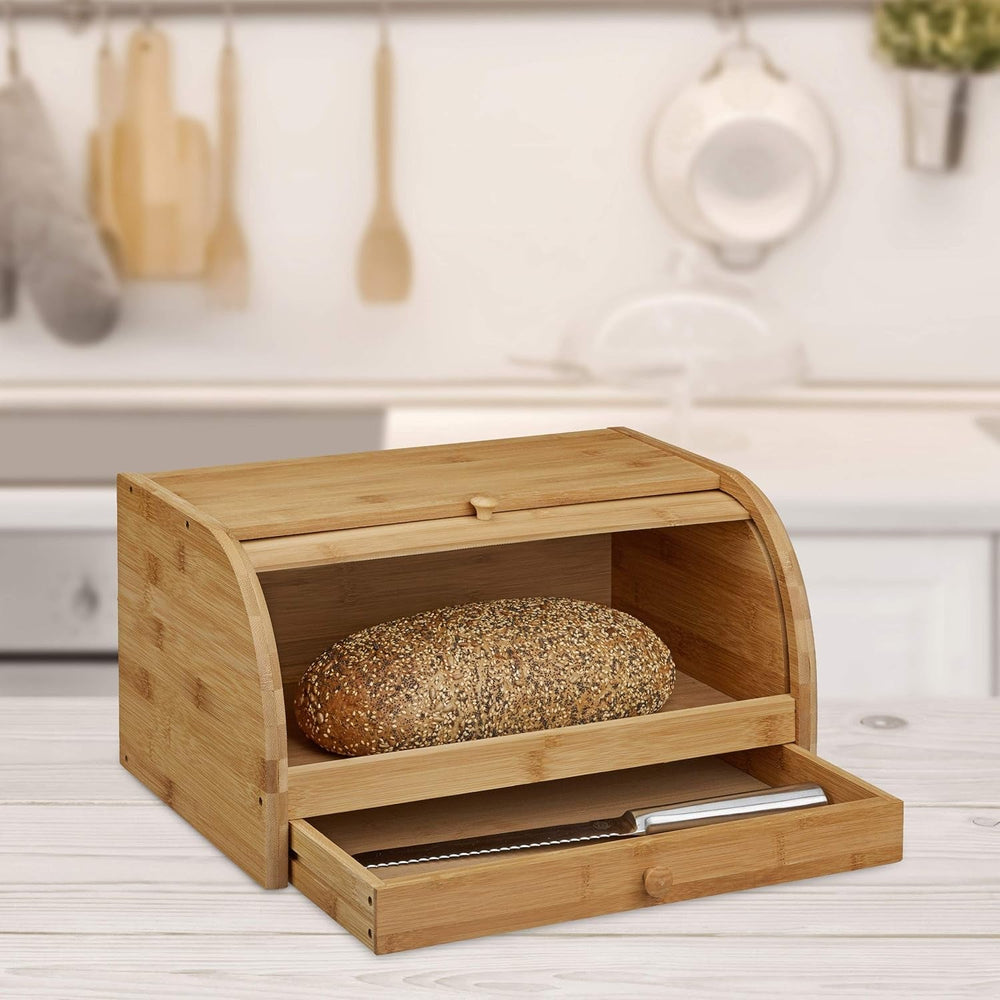 Relaxdays Coș de pâine rulant cu sertar, bambus, HxLxP: 21 x 40,5 x 28 cm, lemn, natural & placă de tăiat pâine din bambus aprox. 3 x 37 x 21,5 cm Placă de tăiat cu tavă pentru firimituri pentru curățare ușoară natural Cutii depozitare alimente Naty Shop