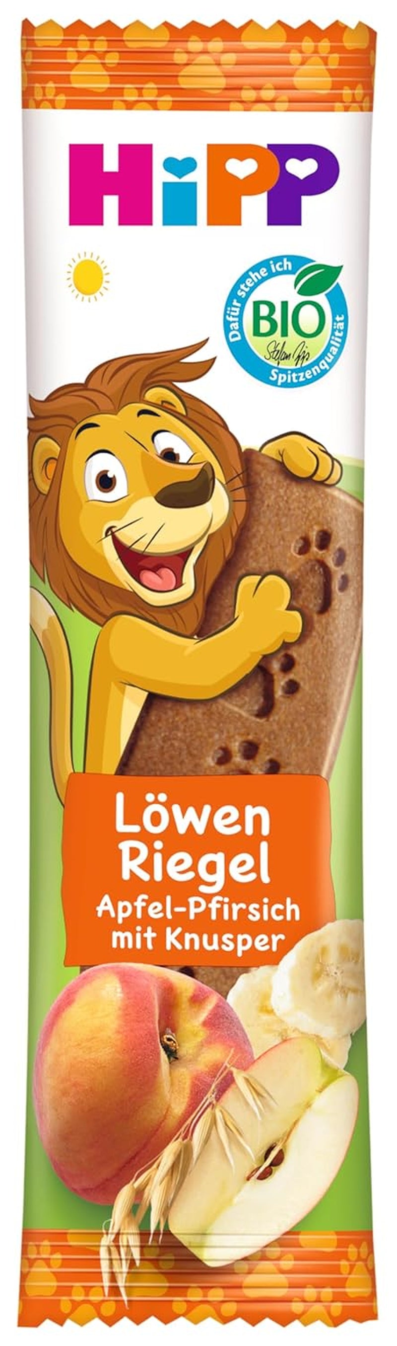 Batoane Muesli HiPP Lion cu ovăz crocant și măr și piersică (24 x 20g), de la 1 an, îndulcite doar din fructe, de cea mai bună calitate organică